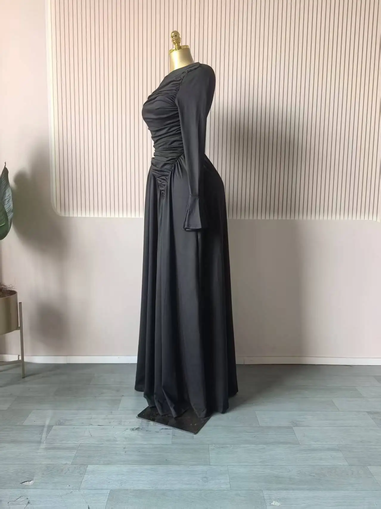 CM.YAYA Women Flare Full Sleeve Skew Collar A-line Stacked Ruched Maxi Long Dress Birthday Holiday Beach Even Dresses Vestidos