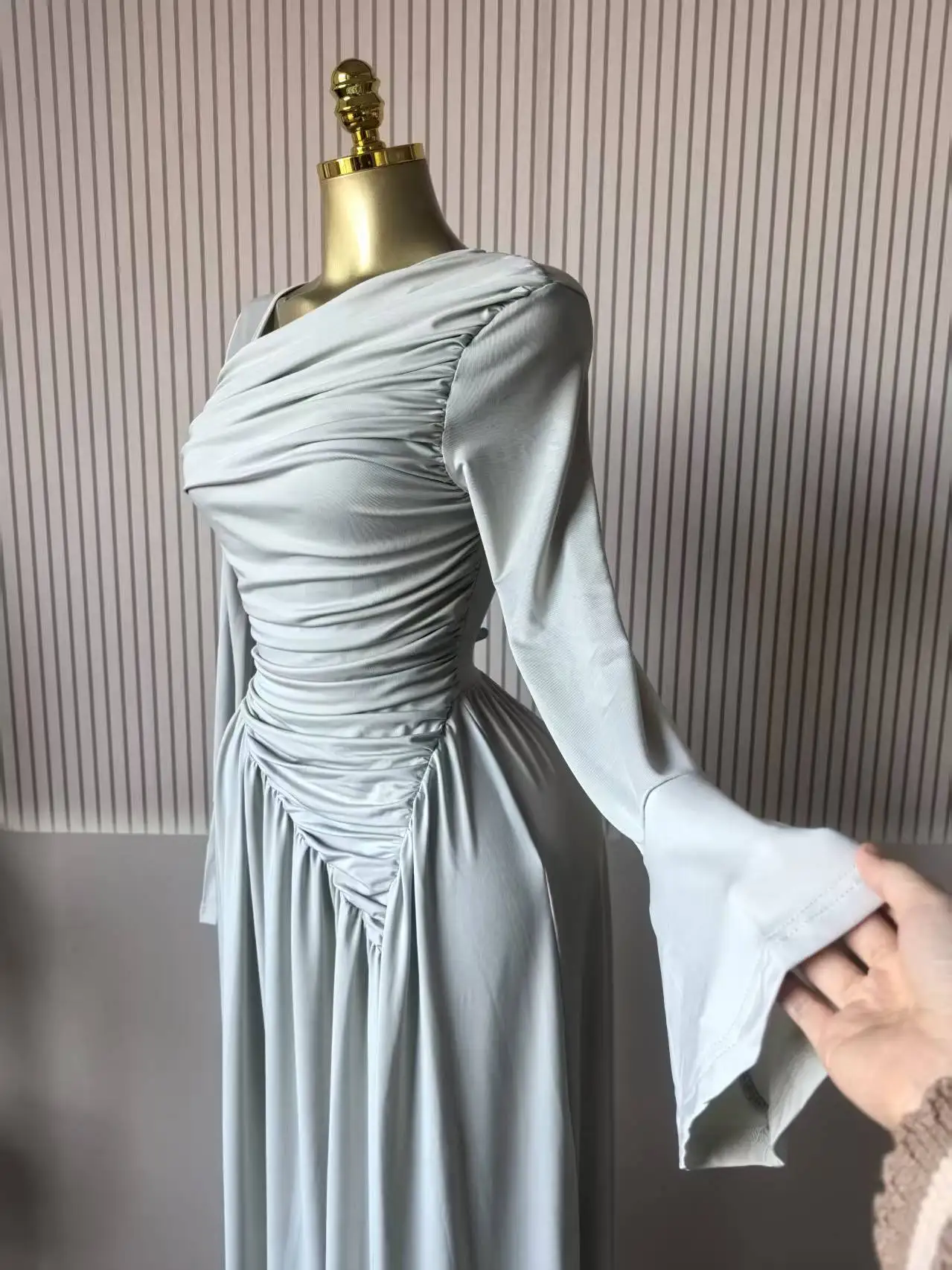 CM.YAYA Women Flare Full Sleeve Skew Collar A-line Stacked Ruched Maxi Long Dress Birthday Holiday Beach Even Dresses Vestidos