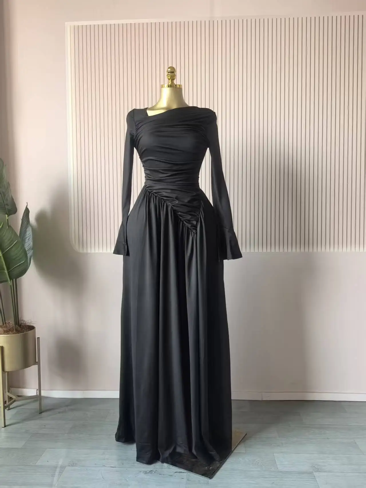 CM.YAYA Women Flare Full Sleeve Skew Collar A-line Stacked Ruched Maxi Long Dress Birthday Holiday Beach Even Dresses Vestidos