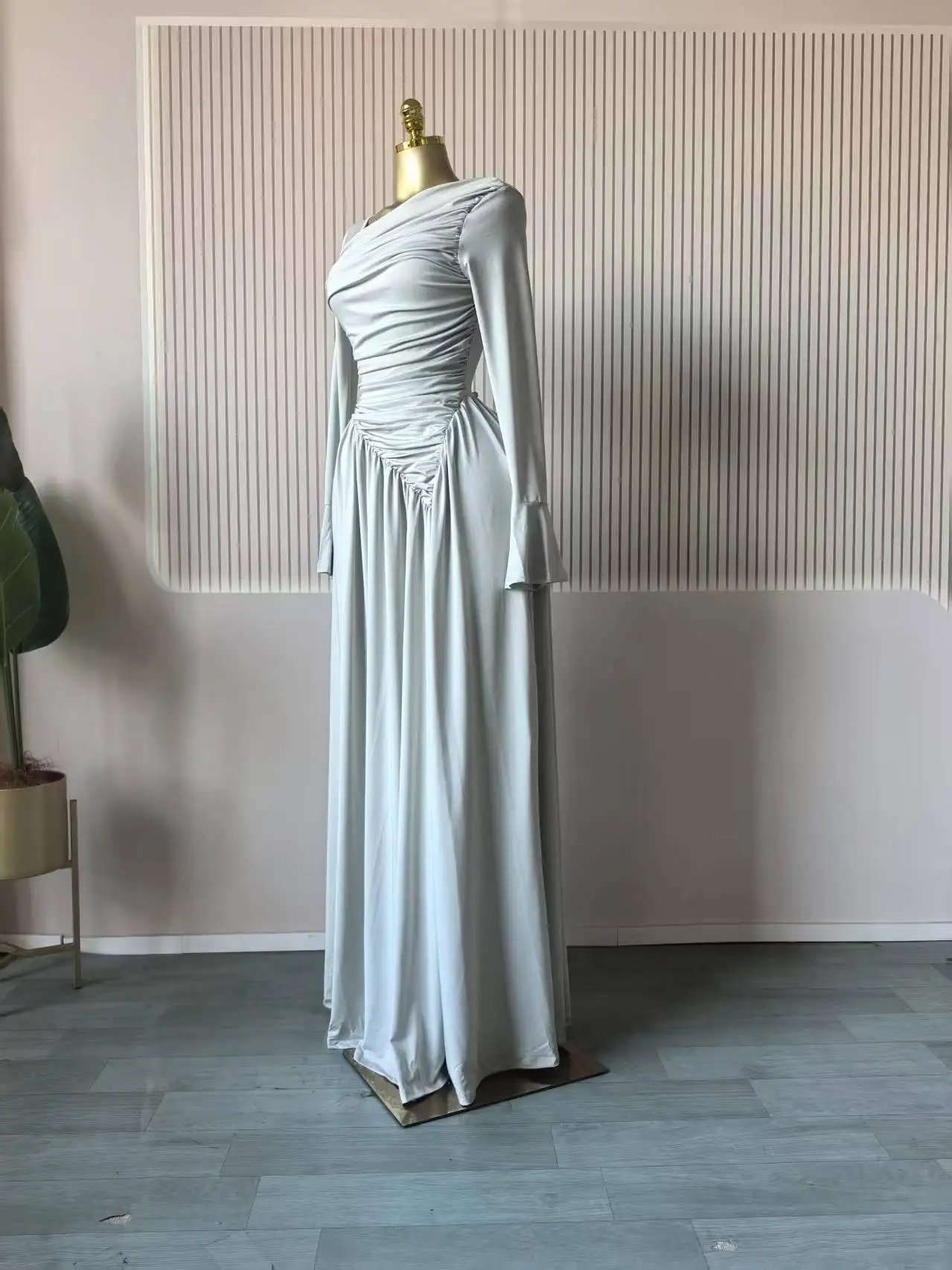 CM.YAYA Women Flare Full Sleeve Skew Collar A-line Stacked Ruched Maxi Long Dress Birthday Holiday Beach Even Dresses Vestidos