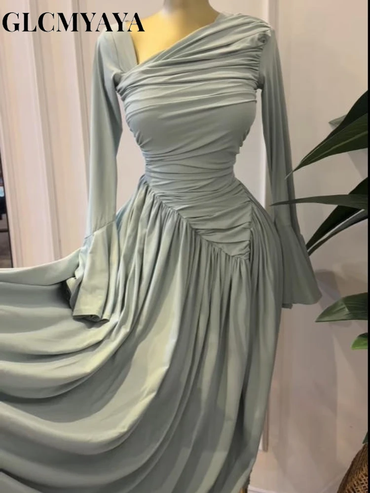 CM.YAYA Women Flare Full Sleeve Skew Collar A-line Stacked Ruched Maxi Long Dress Birthday Holiday Beach Even Dresses Vestidos