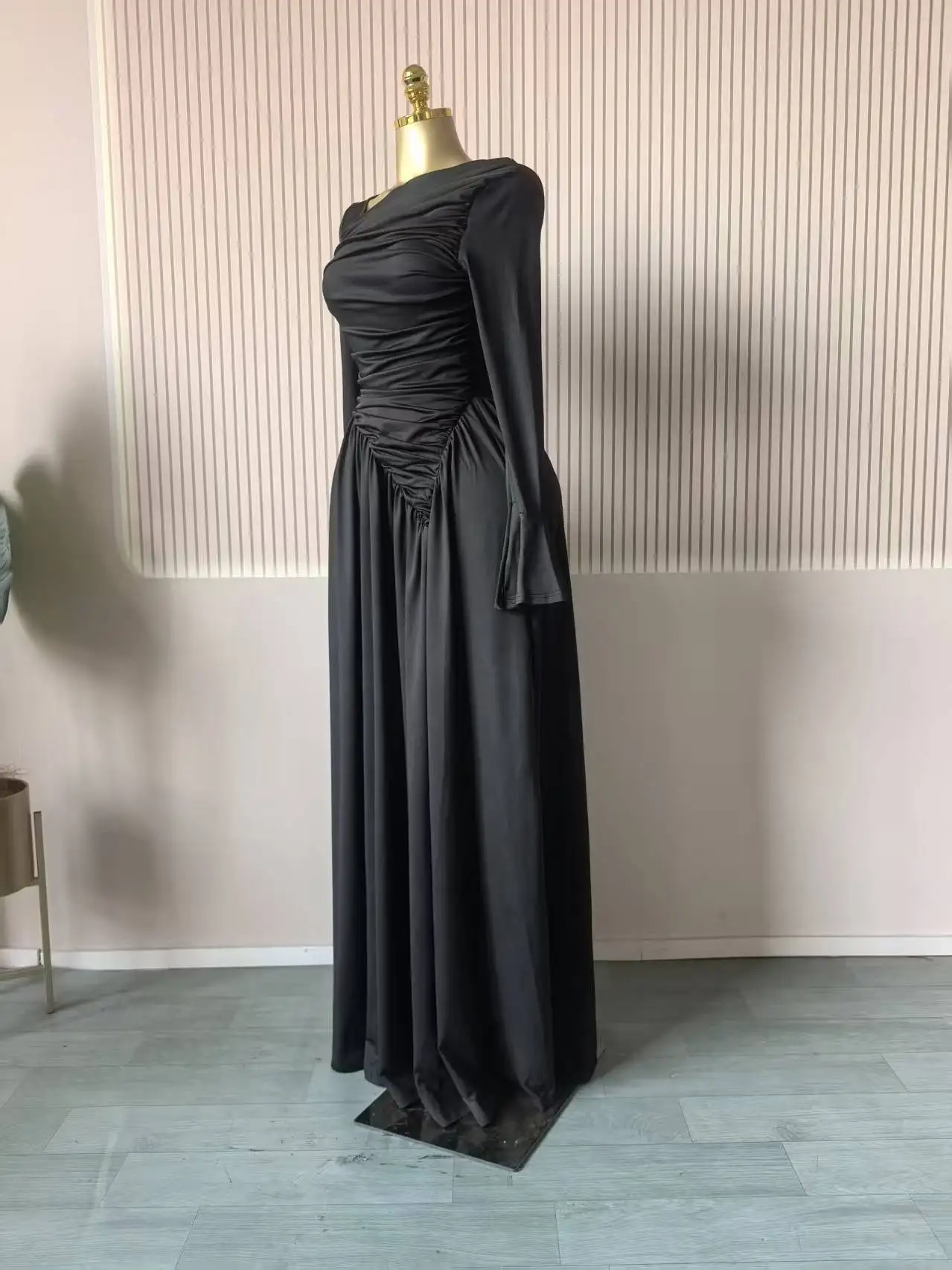 CM.YAYA Women Flare Full Sleeve Skew Collar A-line Stacked Ruched Maxi Long Dress Birthday Holiday Beach Even Dresses Vestidos