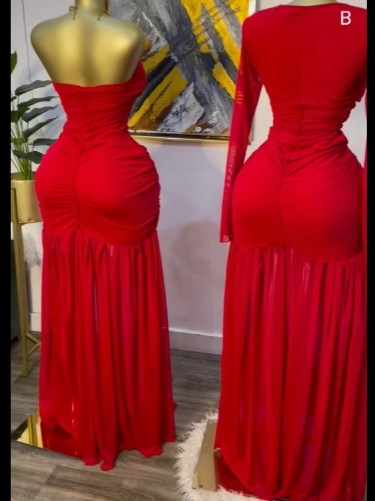 CM.YAYA Women Stacked Ruched Draped High Split Pleated Maxi Long Bodycon Dress 2025 Holiday Birthday Club Party Evening Dresses