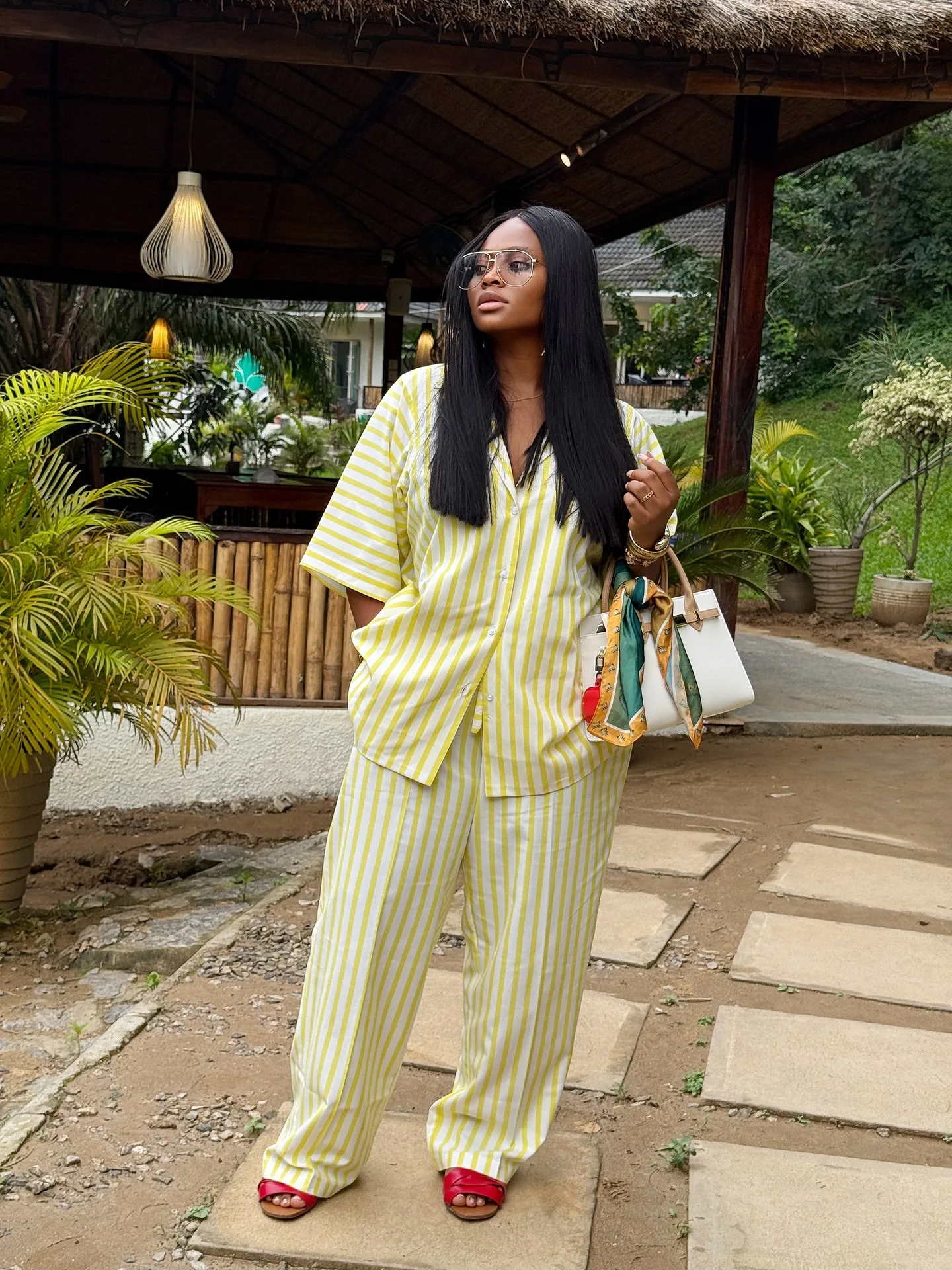 CM.YAYA Fashion Striped Women's Set Short Sleeve Blouse Shirt Top and Wide Leg Pants 2025  Two 2 Piece Sets Outfits Tracksuit