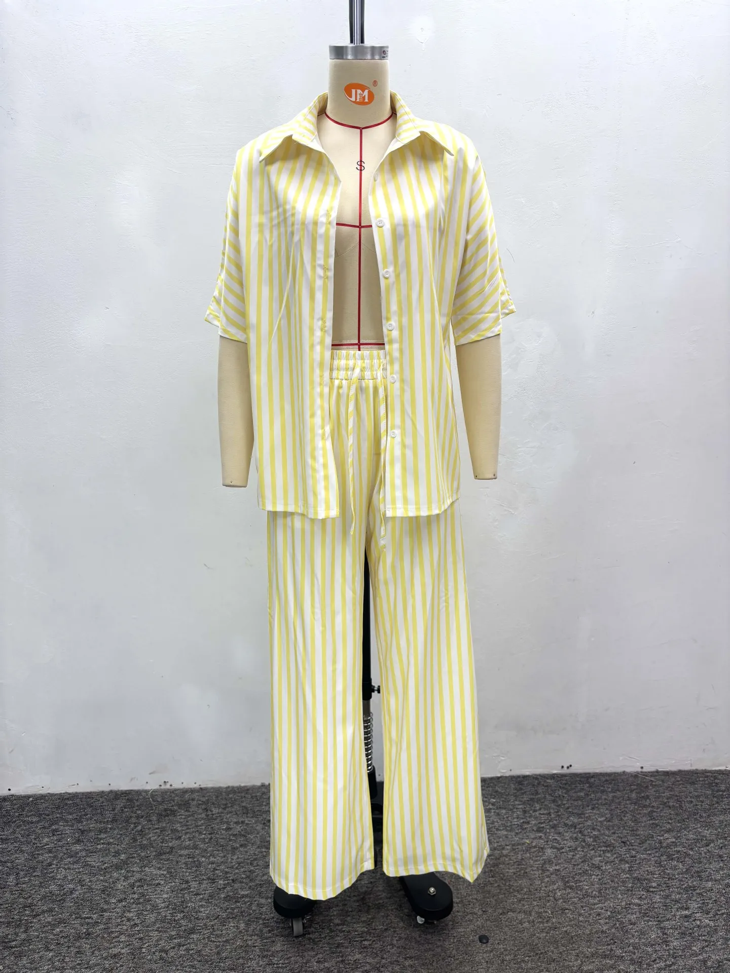 CM.YAYA Fashion Striped Women's Set Short Sleeve Blouse Shirt Top and Wide Leg Pants 2025  Two 2 Piece Sets Outfits Tracksuit