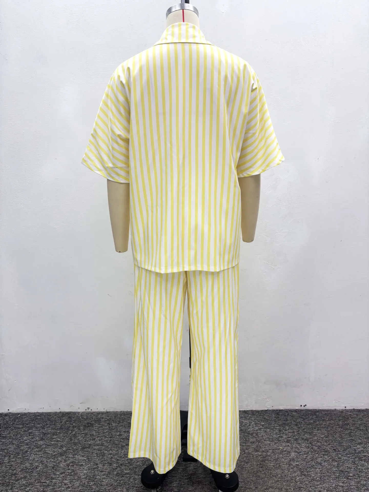 CM.YAYA Fashion Striped Women's Set Short Sleeve Blouse Shirt Top and Wide Leg Pants 2025  Two 2 Piece Sets Outfits Tracksuit