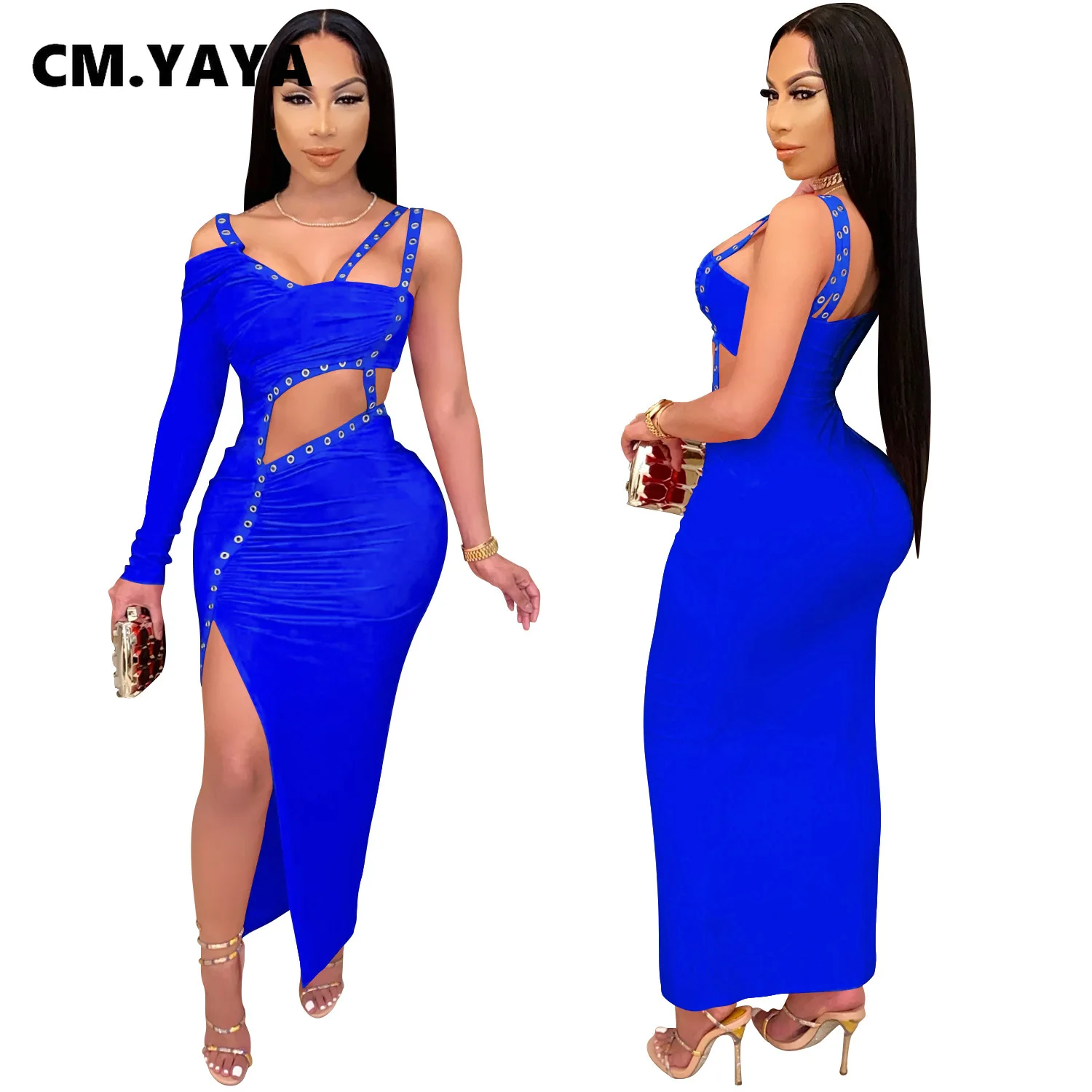 CM.YAYA Women Dress One Shoulder Full Sleeve Hollow Out Ankle-length Sheath Elastic Solid Party Dresses Summer New Fashion Dress