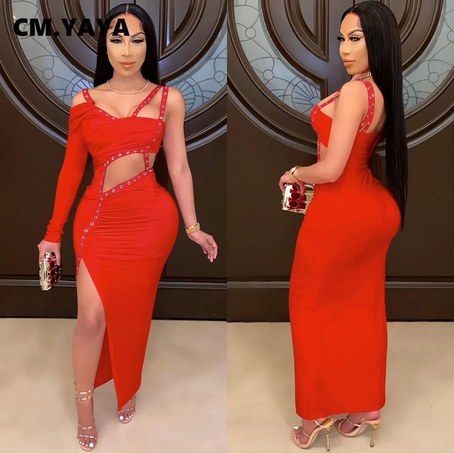 CM.YAYA Women Dress One Shoulder Full Sleeve Hollow Out Ankle-length Sheath Elastic Solid Party Dresses Summer New Fashion Dress