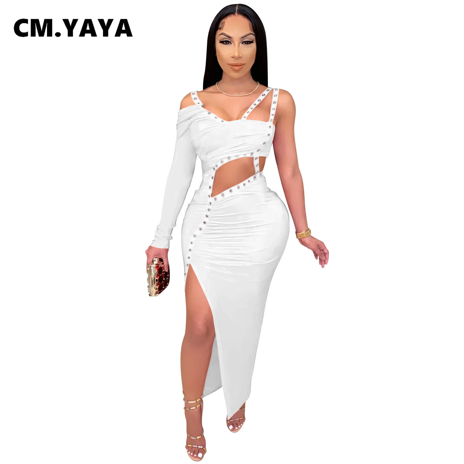 CM.YAYA Women Dress One Shoulder Full Sleeve Hollow Out Ankle-length Sheath Elastic Solid Party Dresses Summer New Fashion Dress