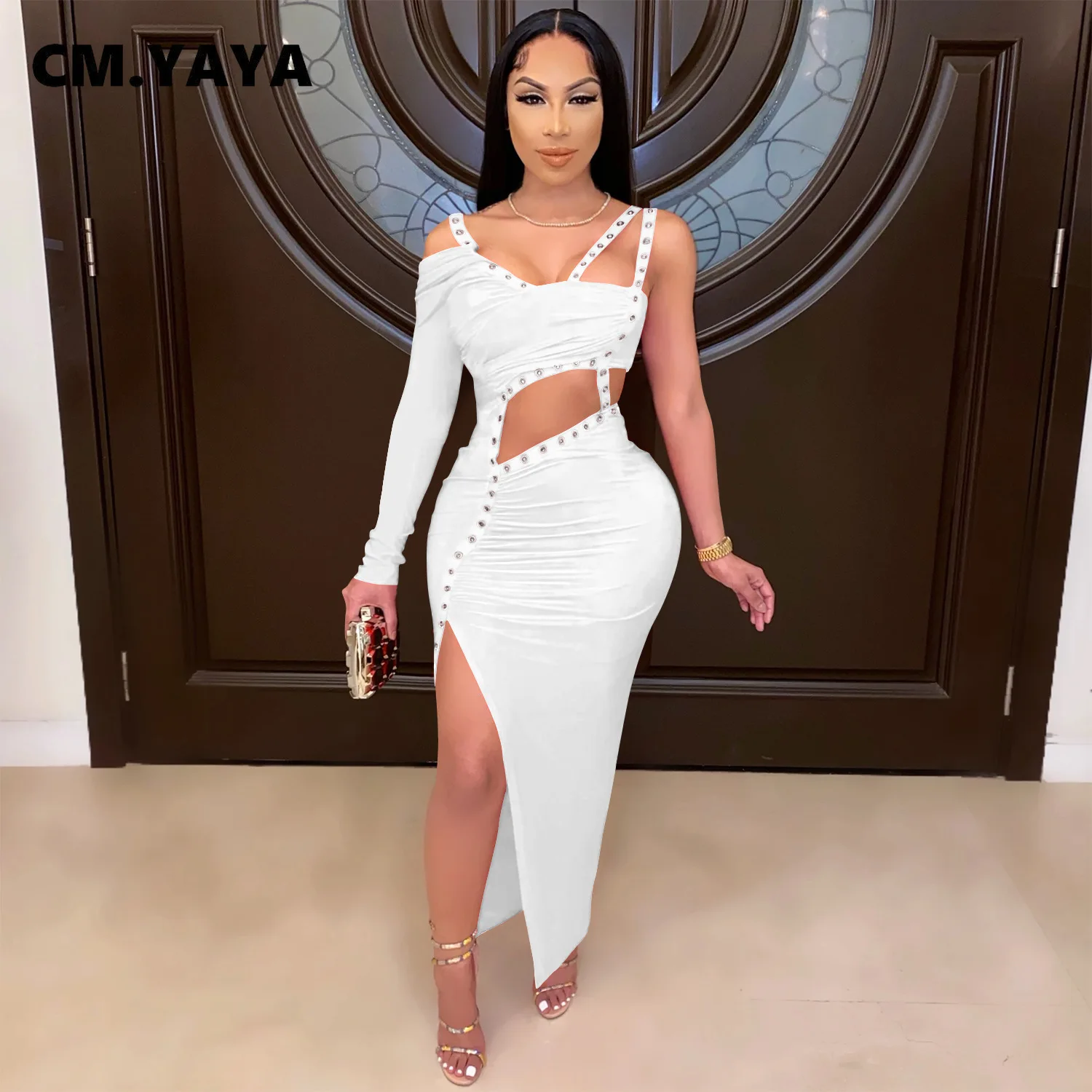 CM.YAYA Women Dress One Shoulder Full Sleeve Hollow Out Ankle-length Sheath Elastic Solid Party Dresses Summer New Fashion Dress