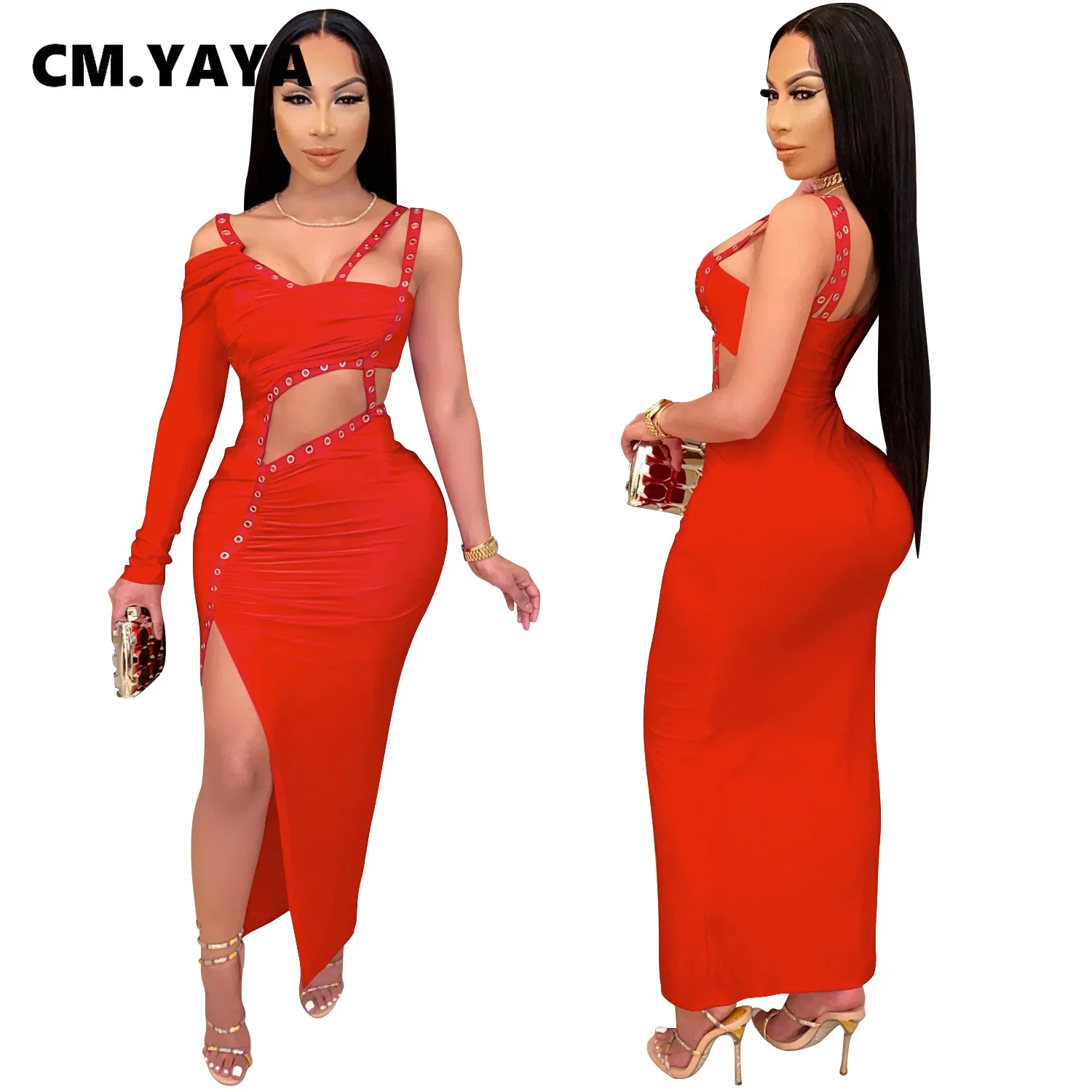 CM.YAYA Women Dress One Shoulder Full Sleeve Hollow Out Ankle-length Sheath Elastic Solid Party Dresses Summer New Fashion Dress