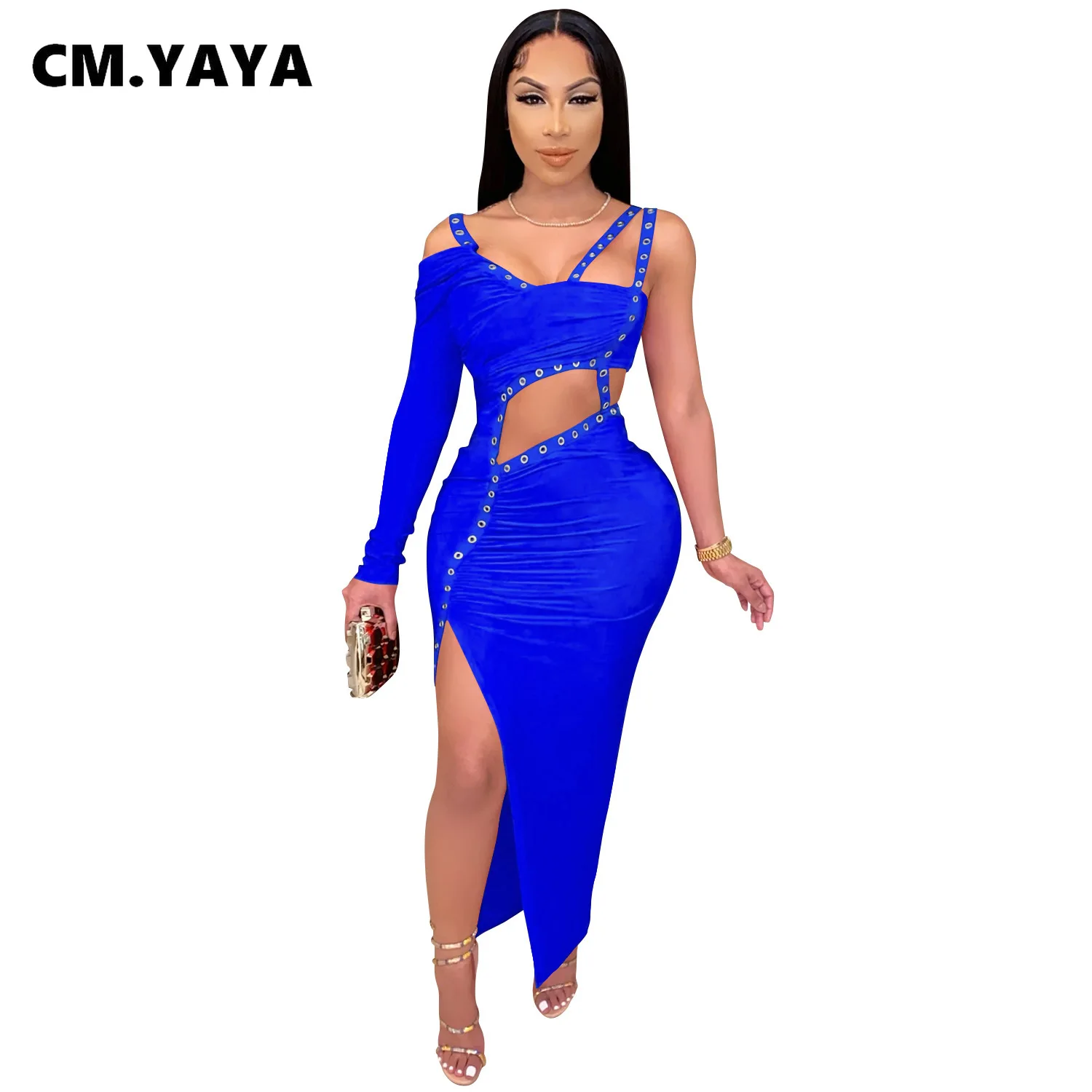CM.YAYA Women Dress One Shoulder Full Sleeve Hollow Out Ankle-length Sheath Elastic Solid Party Dresses Summer New Fashion Dress