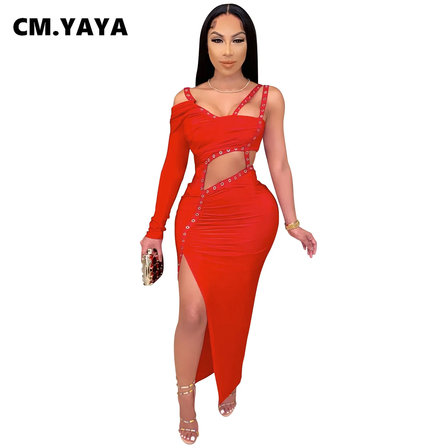 CM.YAYA Women Dress One Shoulder Full Sleeve Hollow Out Ankle-length Sheath Elastic Solid Party Dresses Summer New Fashion Dress