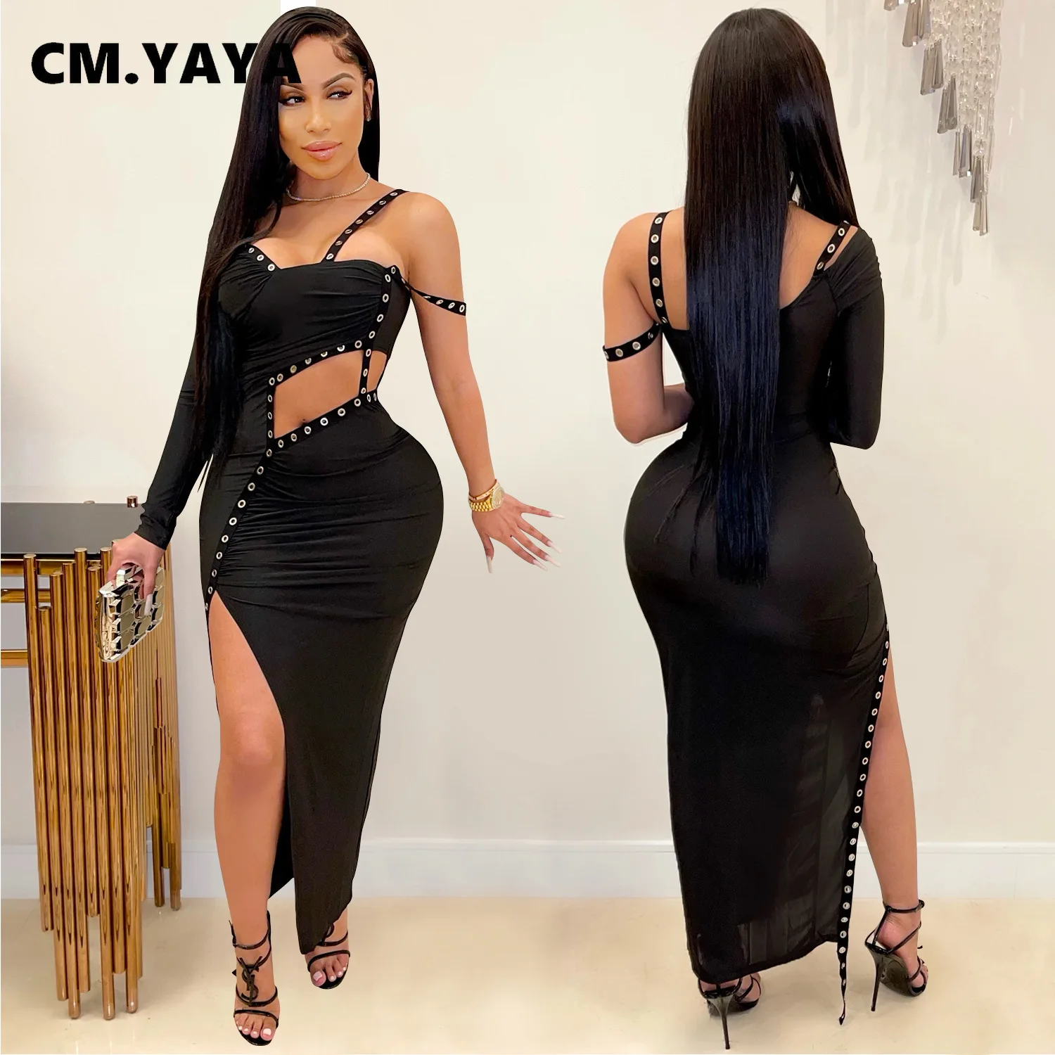 CM.YAYA Women Dress One Shoulder Full Sleeve Hollow Out Ankle-length Sheath Elastic Solid Party Dresses Summer New Fashion Dress
