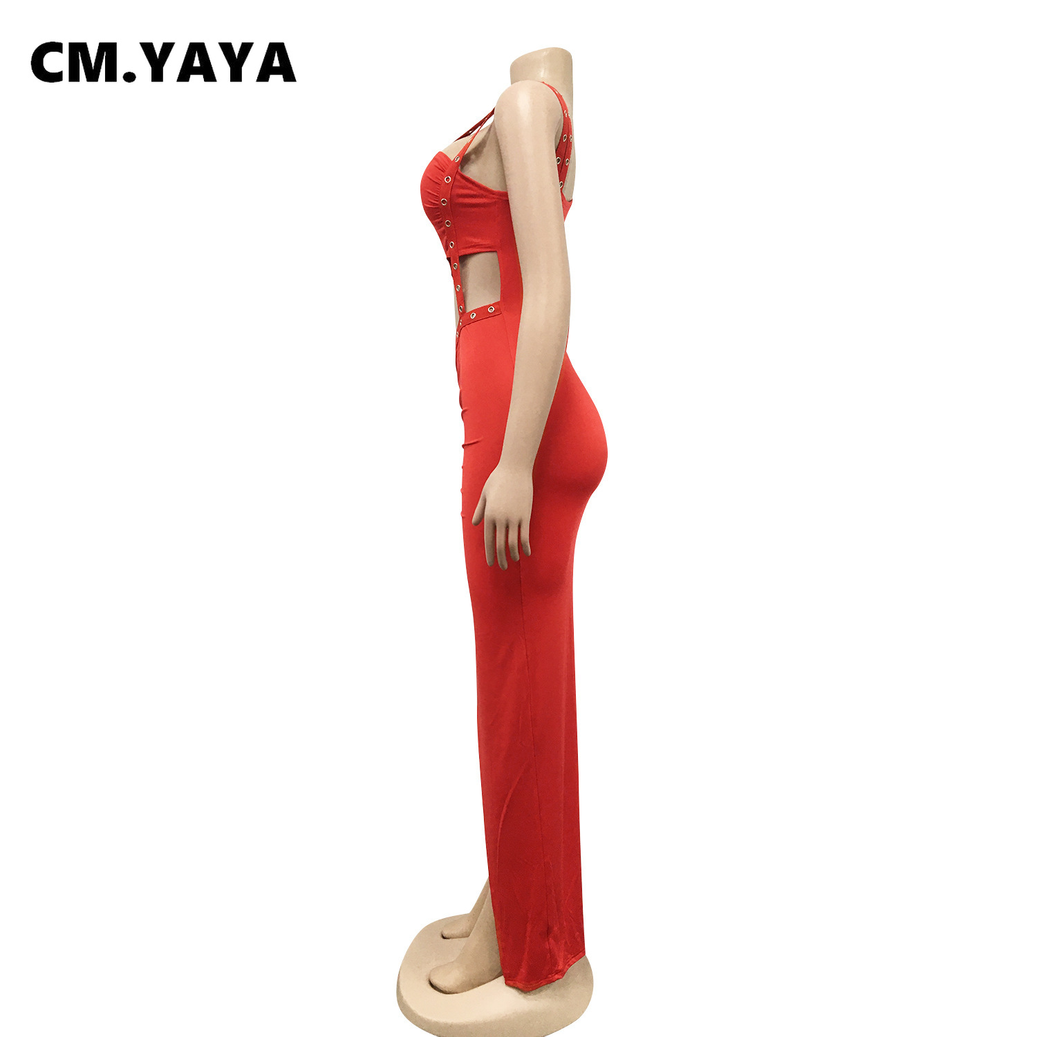 CM.YAYA Women Dress One Shoulder Full Sleeve Hollow Out Ankle-length Sheath Elastic Solid Party Dresses Summer New Fashion Dress