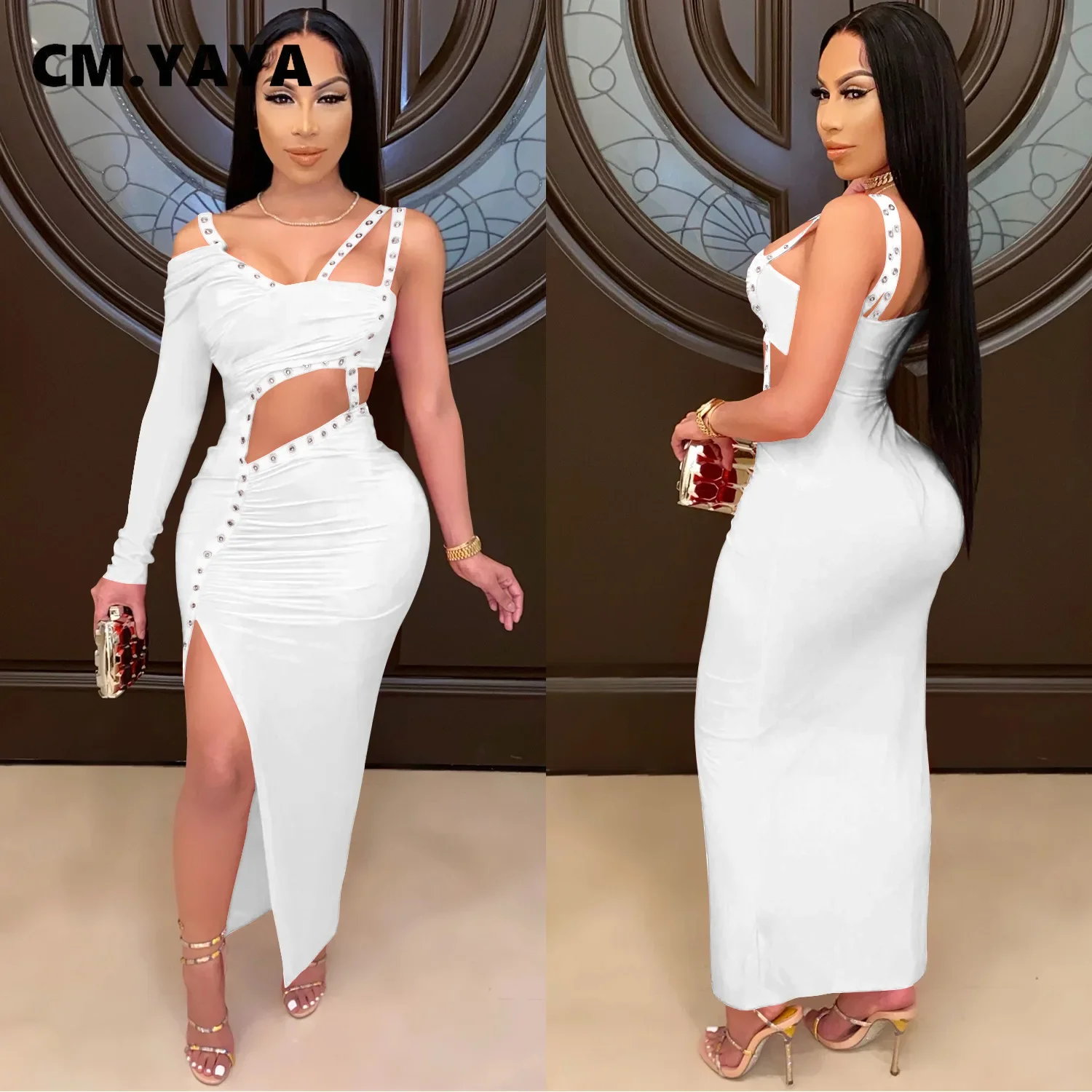 CM.YAYA Women Dress One Shoulder Full Sleeve Hollow Out Ankle-length Sheath Elastic Solid Party Dresses Summer New Fashion Dress
