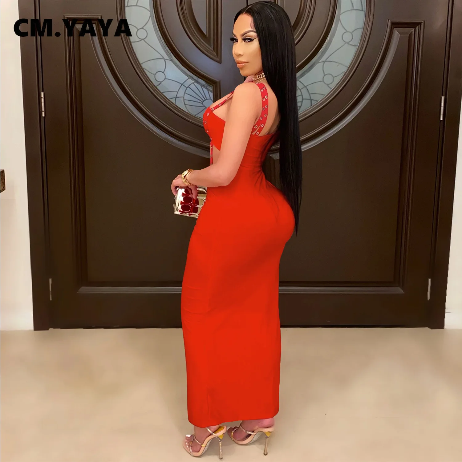 CM.YAYA Women Dress One Shoulder Full Sleeve Hollow Out Ankle-length Sheath Elastic Solid Party Dresses Summer New Fashion Dress