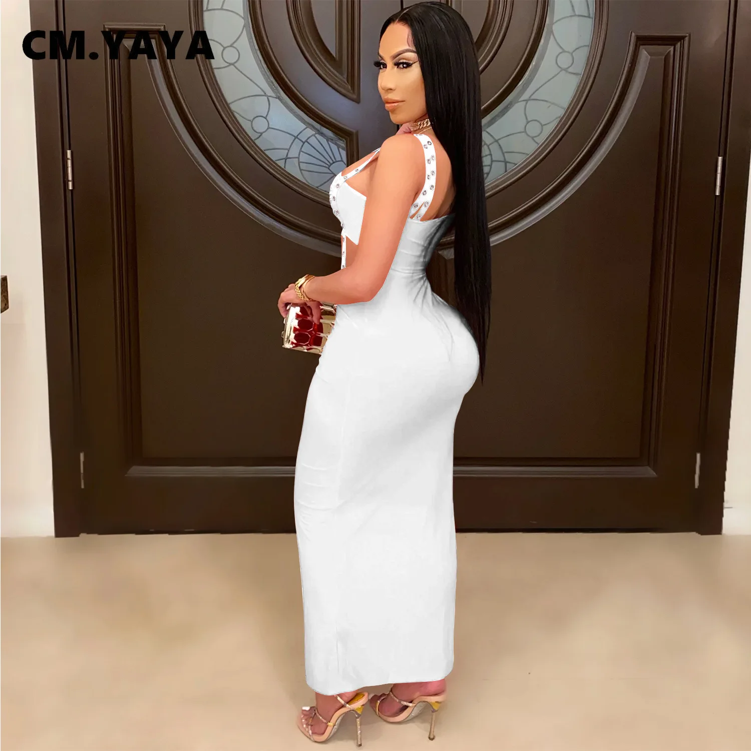 CM.YAYA Women Dress One Shoulder Full Sleeve Hollow Out Ankle-length Sheath Elastic Solid Party Dresses Summer New Fashion Dress