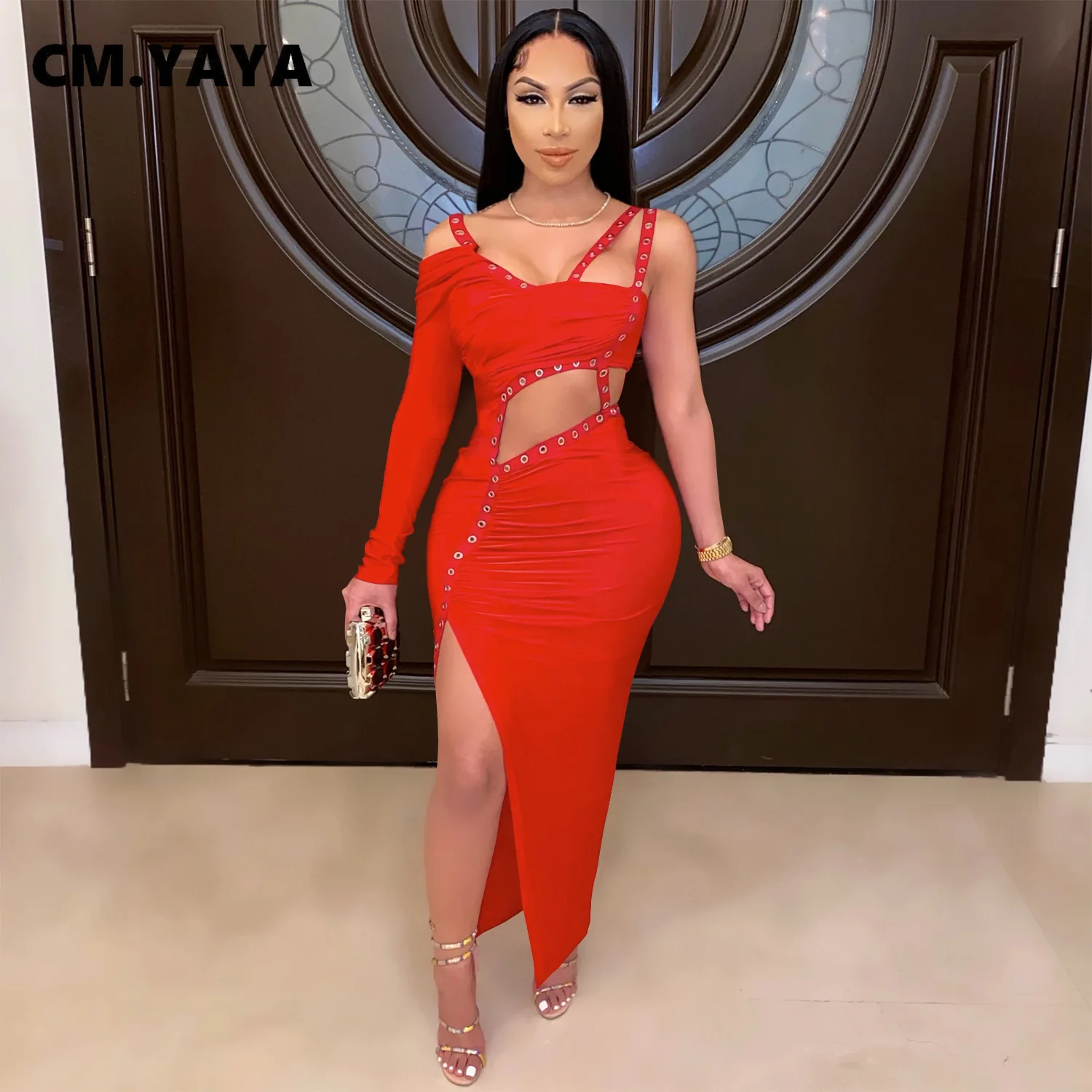 CM.YAYA Women Dress One Shoulder Full Sleeve Hollow Out Ankle-length Sheath Elastic Solid Party Dresses Summer New Fashion Dress