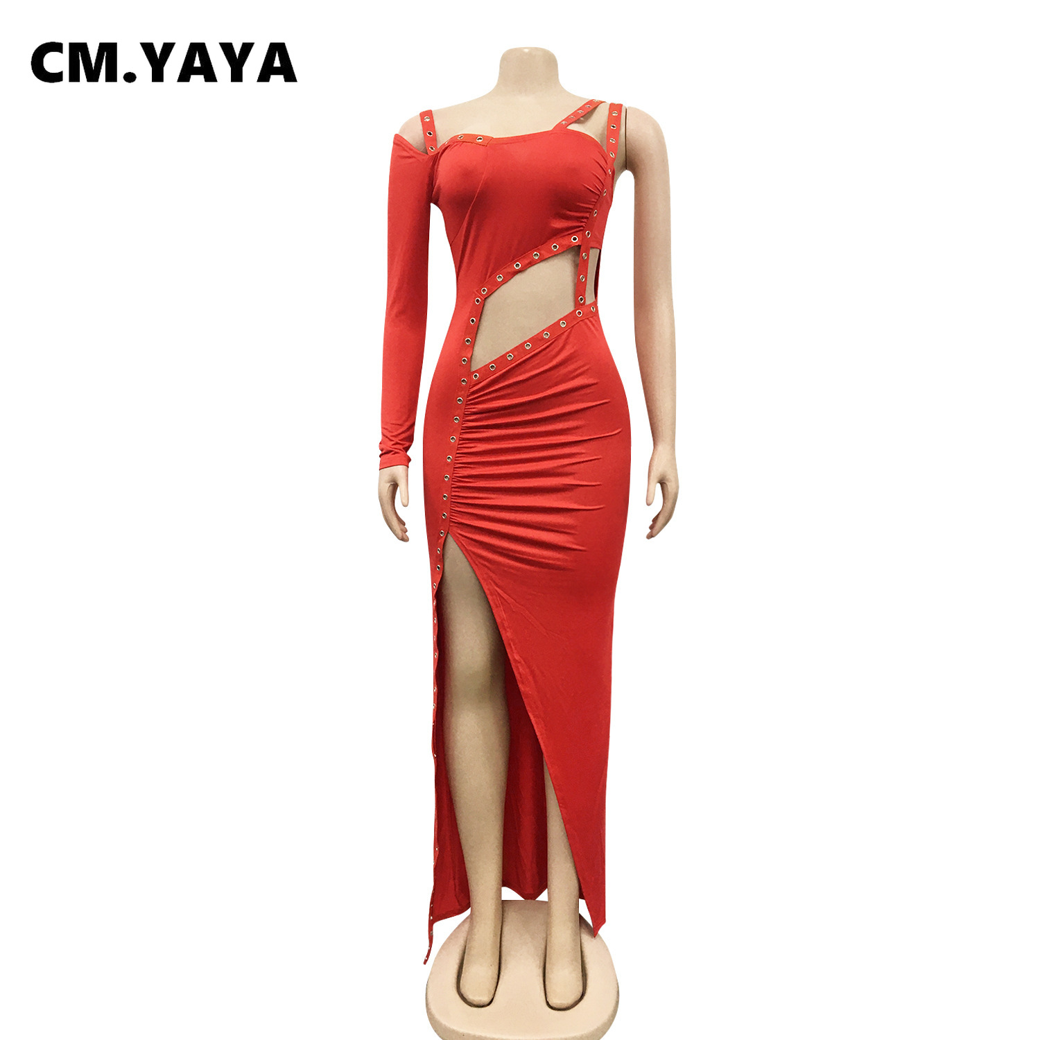 CM.YAYA Women Dress One Shoulder Full Sleeve Hollow Out Ankle-length Sheath Elastic Solid Party Dresses Summer New Fashion Dress