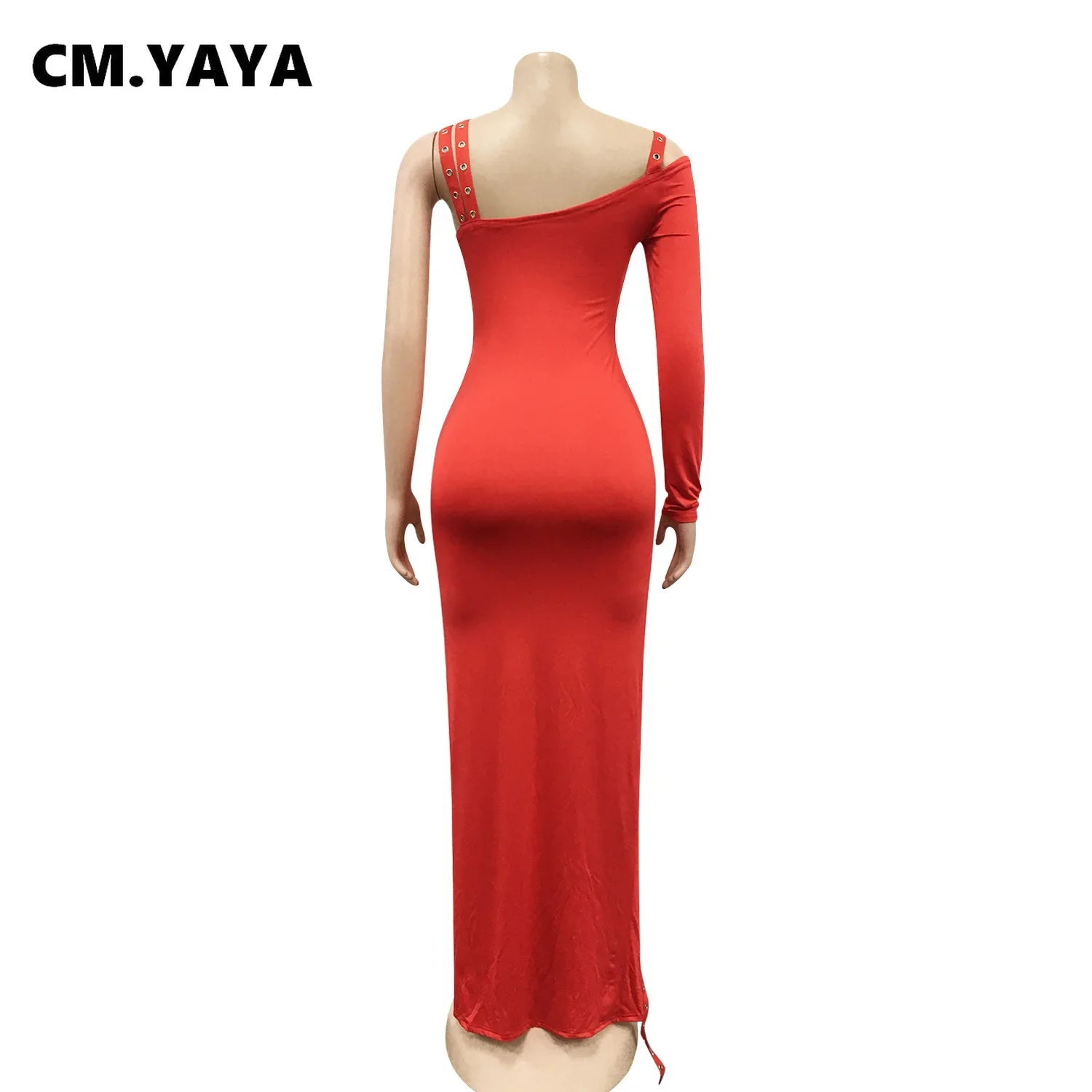 CM.YAYA Women Dress One Shoulder Full Sleeve Hollow Out Ankle-length Sheath Elastic Solid Party Dresses Summer New Fashion Dress