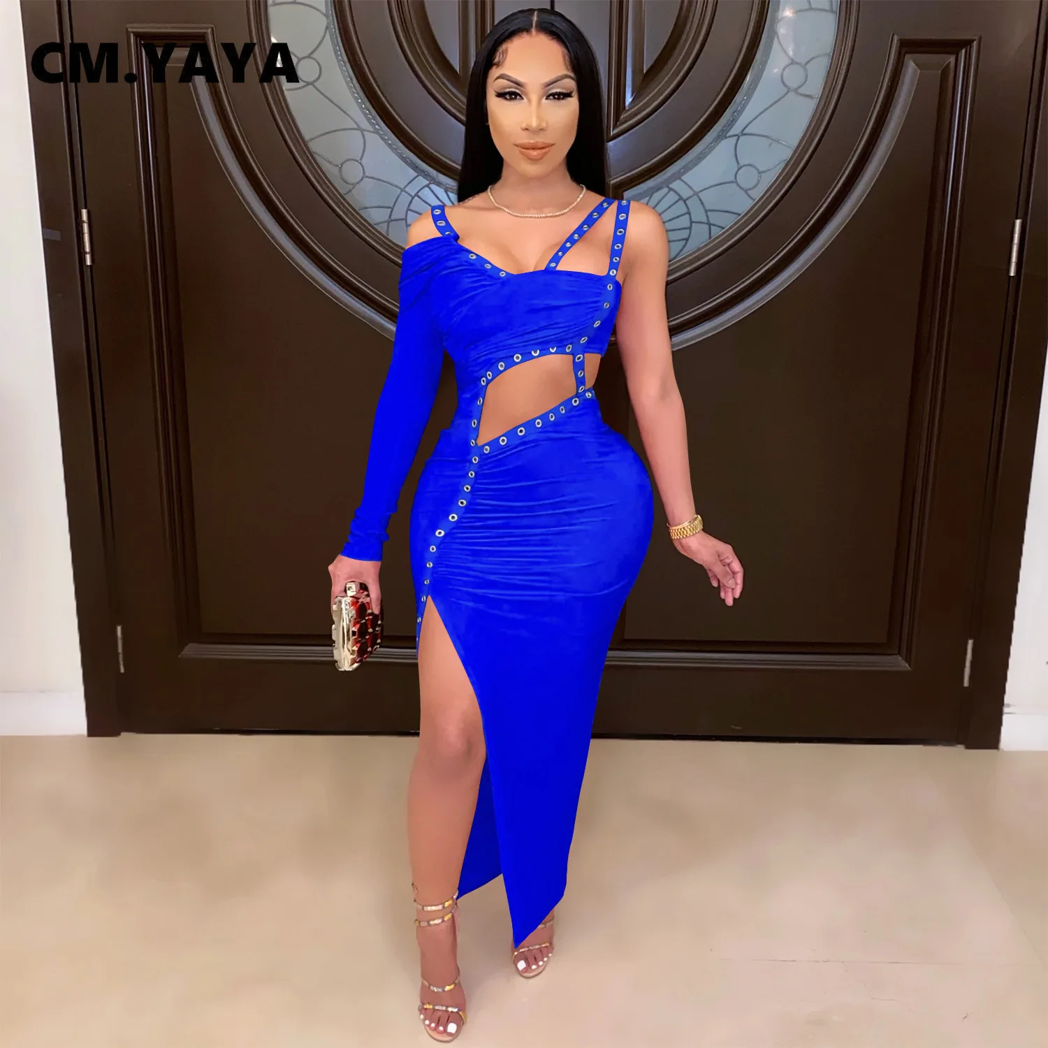CM.YAYA Women Dress One Shoulder Full Sleeve Hollow Out Ankle-length Sheath Elastic Solid Party Dresses Summer New Fashion Dress