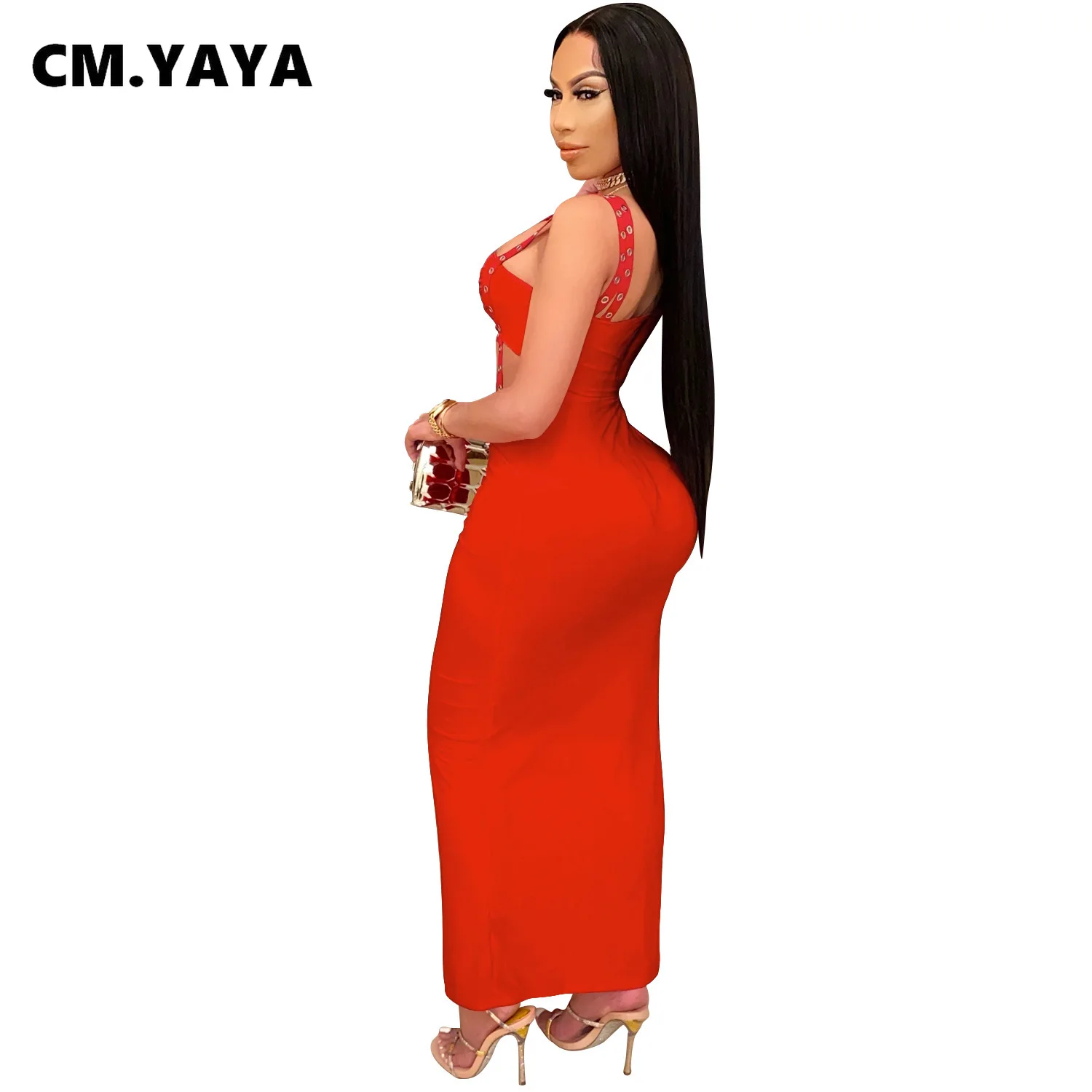 CM.YAYA Women Dress One Shoulder Full Sleeve Hollow Out Ankle-length Sheath Elastic Solid Party Dresses Summer New Fashion Dress