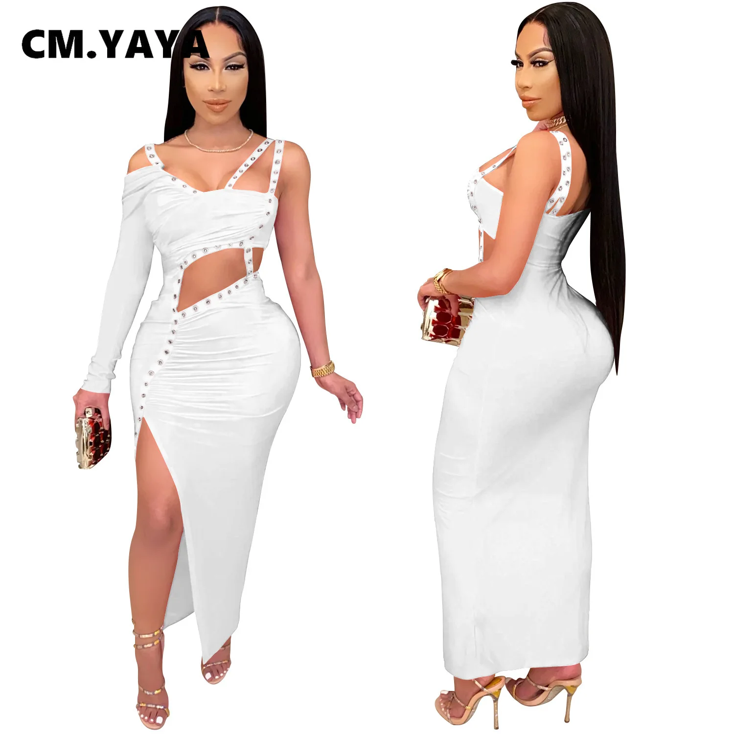 CM.YAYA Women Dress One Shoulder Full Sleeve Hollow Out Ankle-length Sheath Elastic Solid Party Dresses Summer New Fashion Dress