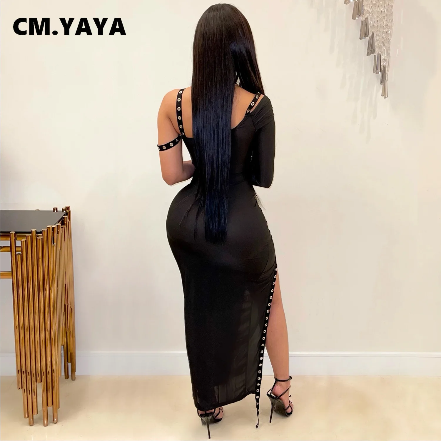 CM.YAYA Women Dress One Shoulder Full Sleeve Hollow Out Ankle-length Sheath Elastic Solid Party Dresses Summer New Fashion Dress