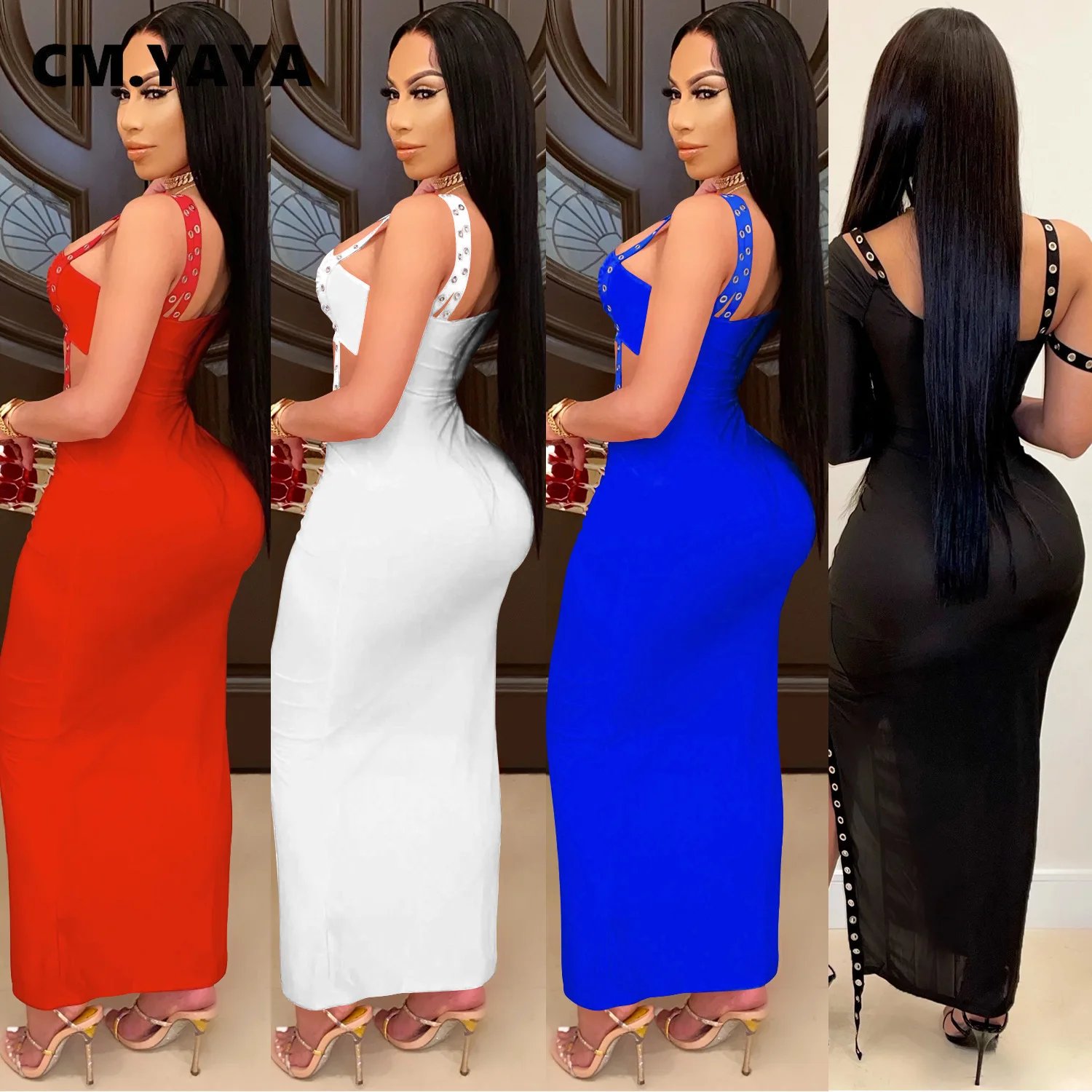 CM.YAYA Women Dress One Shoulder Full Sleeve Hollow Out Ankle-length Sheath Elastic Solid Party Dresses Summer New Fashion Dress