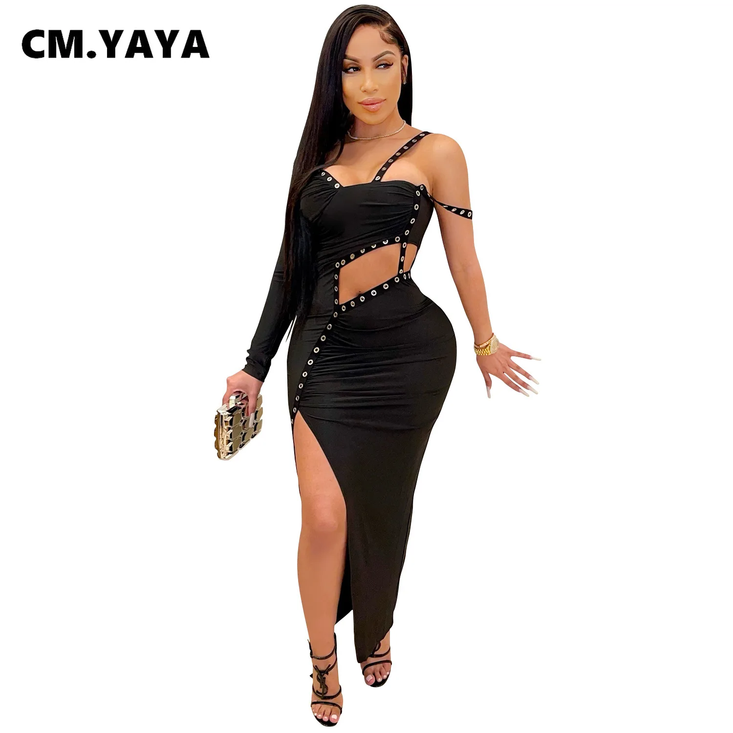 CM.YAYA Women Dress One Shoulder Full Sleeve Hollow Out Ankle-length Sheath Elastic Solid Party Dresses Summer New Fashion Dress