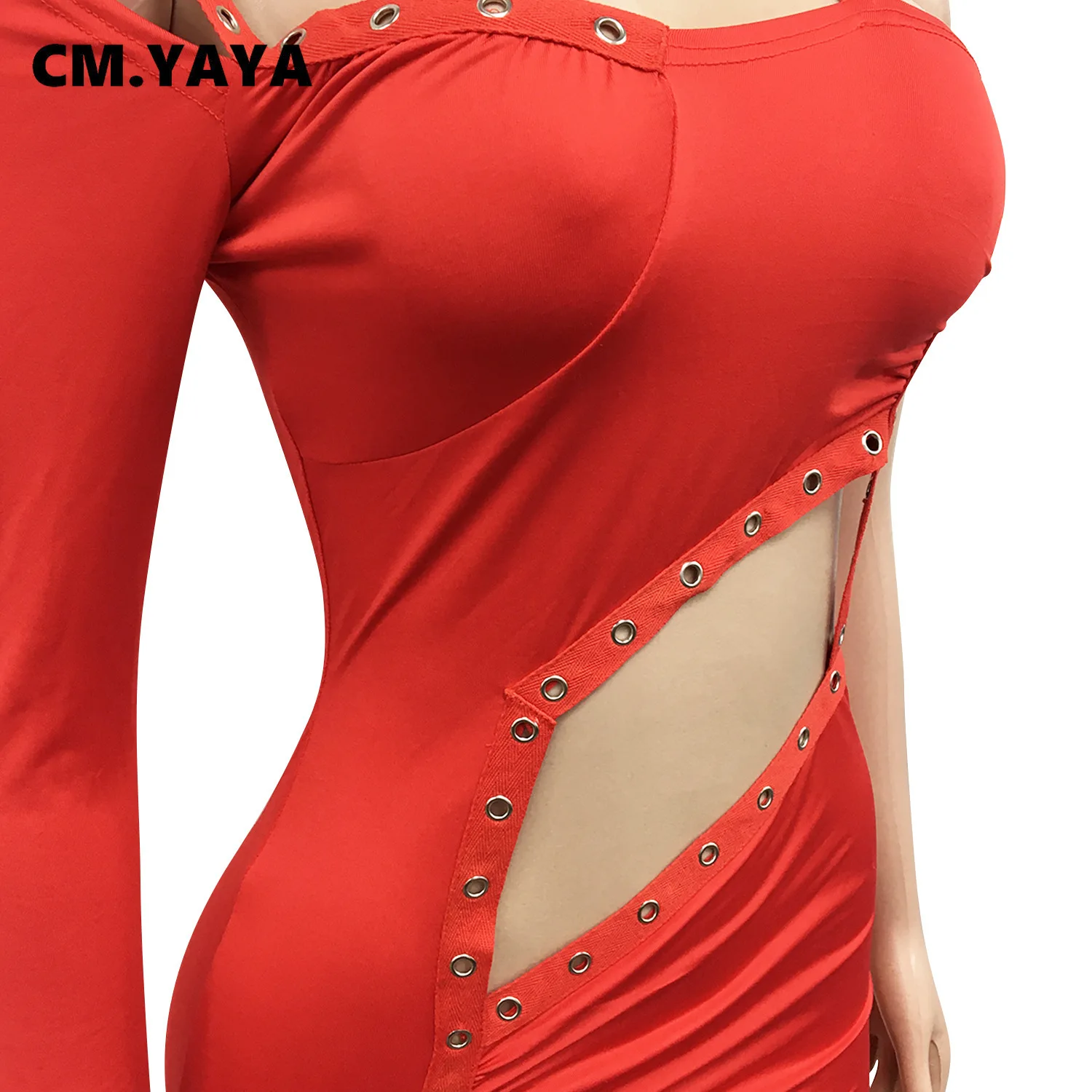 CM.YAYA Women Dress One Shoulder Full Sleeve Hollow Out Ankle-length Sheath Elastic Solid Party Dresses Summer New Fashion Dress