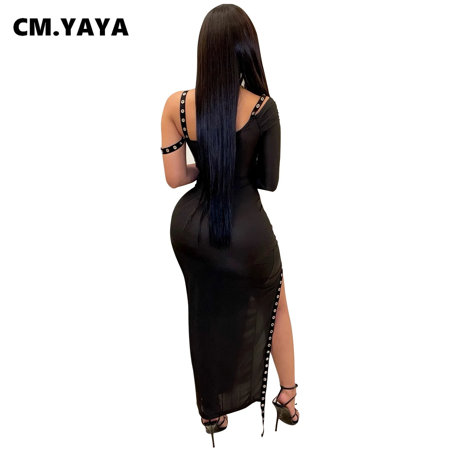 CM.YAYA Women Dress One Shoulder Full Sleeve Hollow Out Ankle-length Sheath Elastic Solid Party Dresses Summer New Fashion Dress