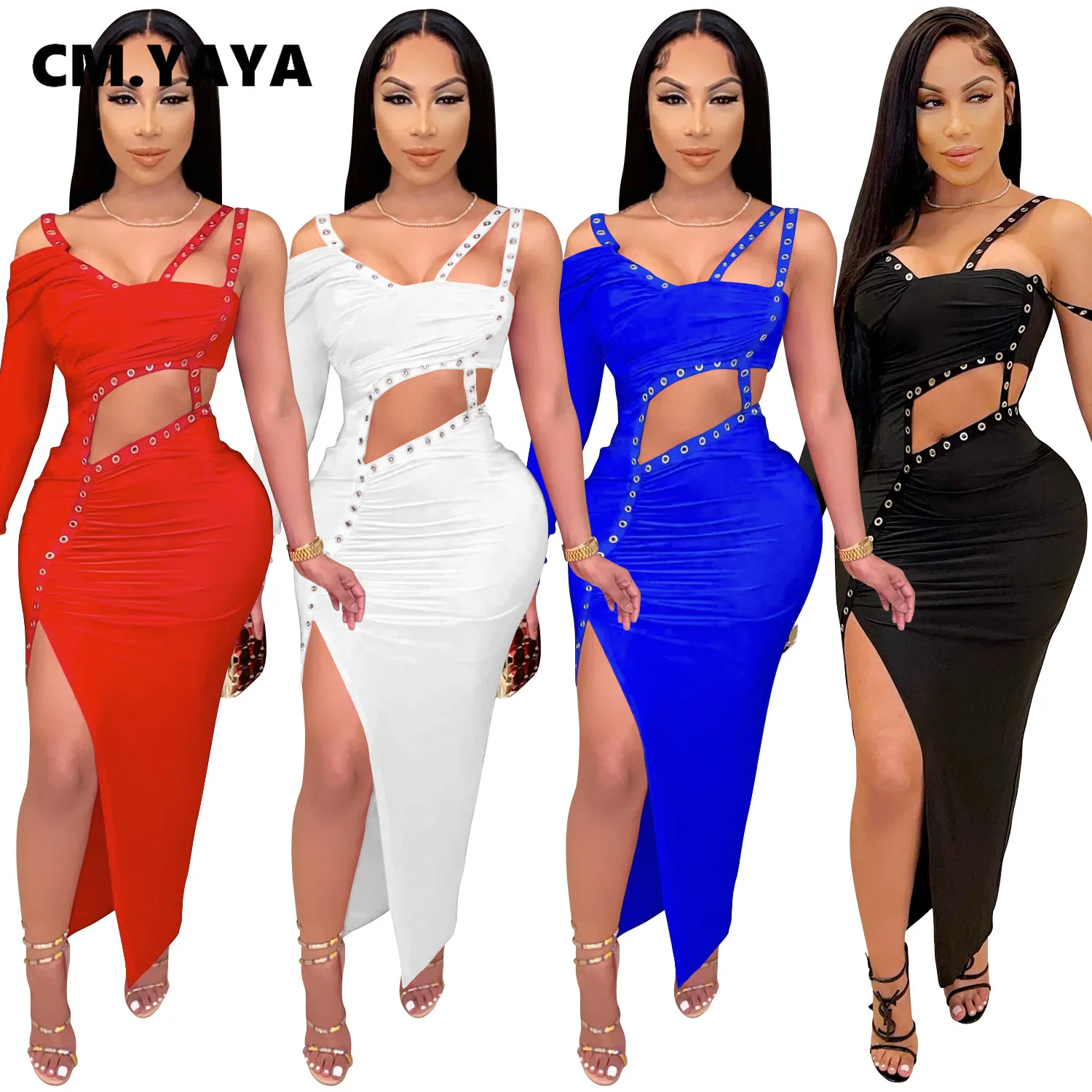 CM.YAYA Women Dress One Shoulder Full Sleeve Hollow Out Ankle-length Sheath Elastic Solid Party Dresses Summer New Fashion Dress