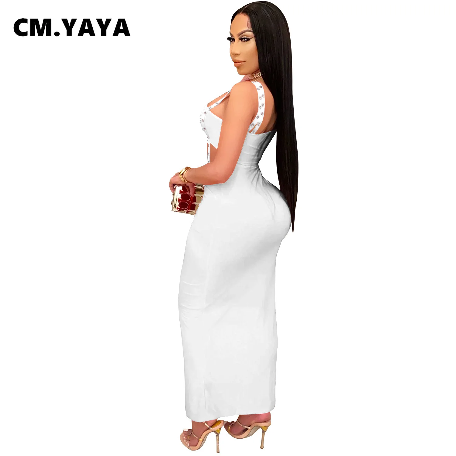 CM.YAYA Women Dress One Shoulder Full Sleeve Hollow Out Ankle-length Sheath Elastic Solid Party Dresses Summer New Fashion Dress