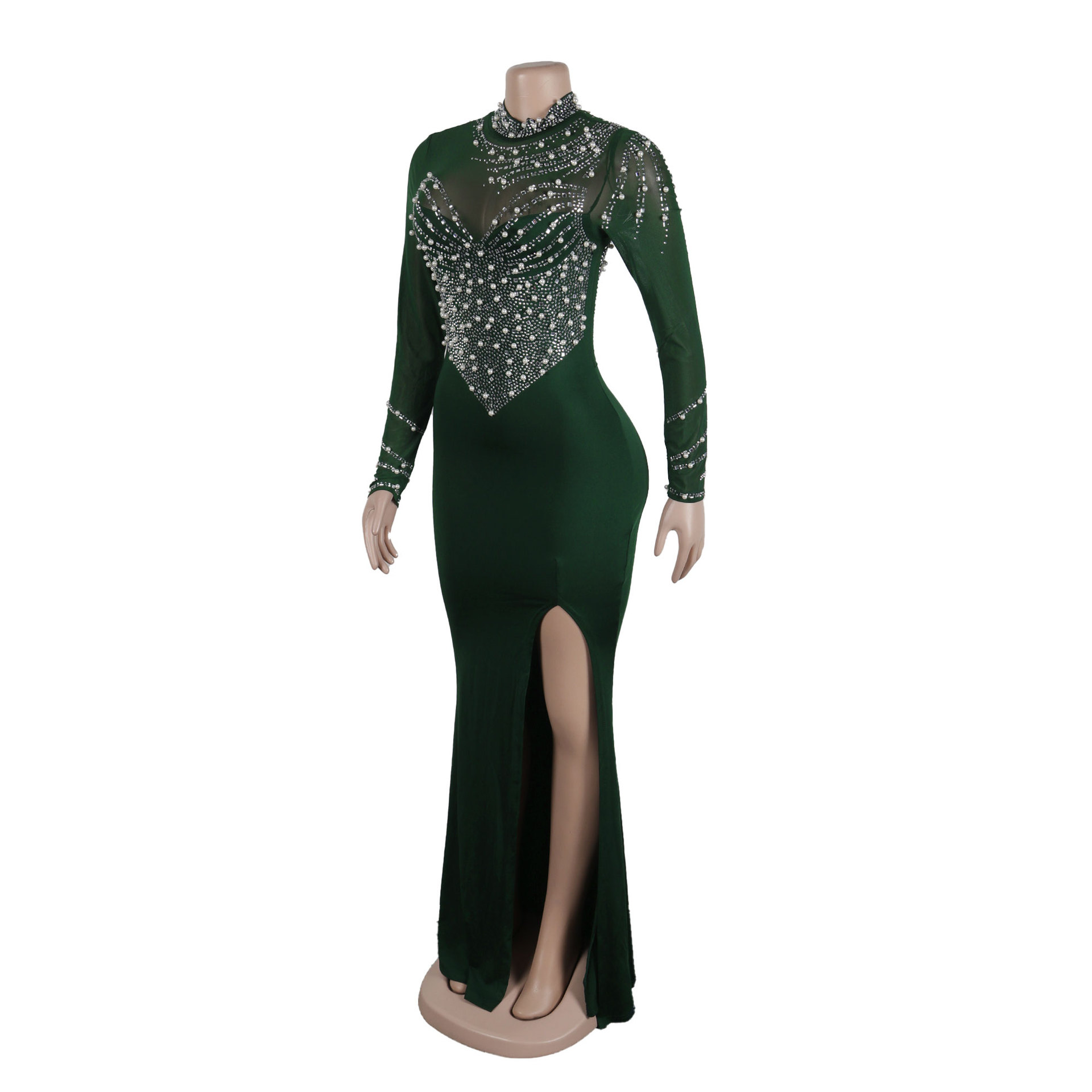 CM.YAYA Women Long Sleeve Diamonds Hot Rhinestones High Side Split Mermaid Midi Maxi Dress 2024 Even Sexy Party Dresses Vestidos