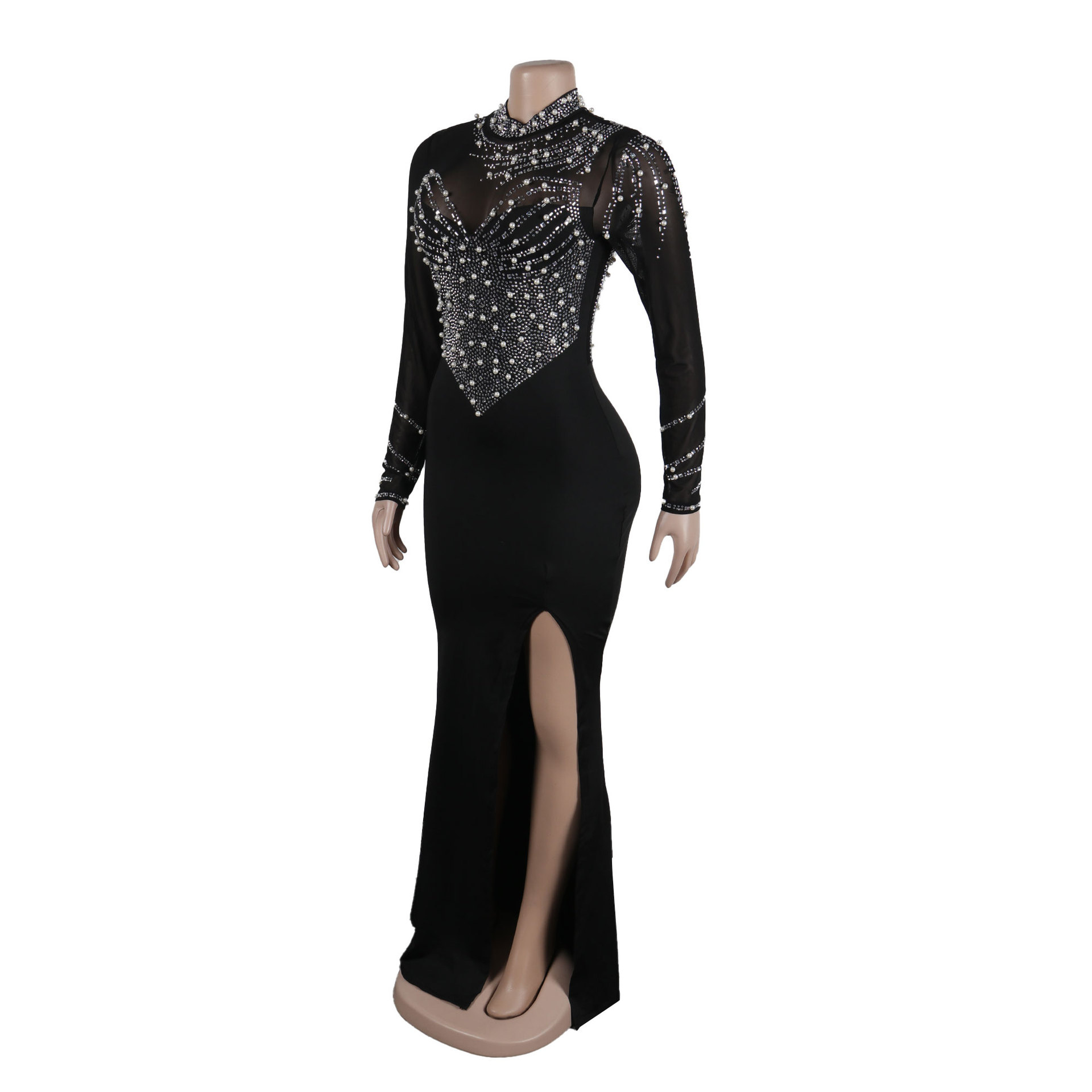 CM.YAYA Women Long Sleeve Diamonds Hot Rhinestones High Side Split Mermaid Midi Maxi Dress 2024 Even Sexy Party Dresses Vestidos