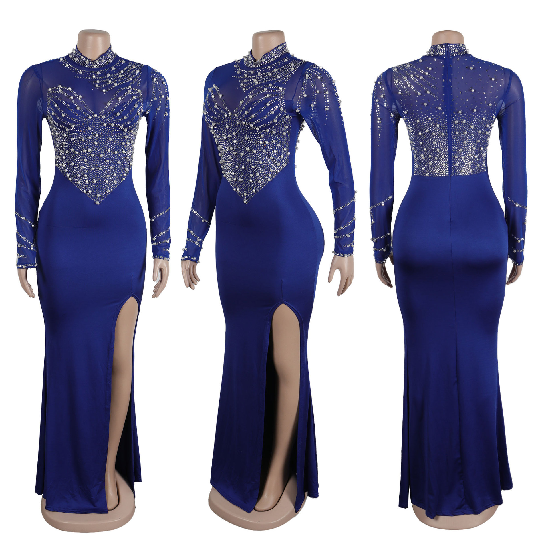 CM.YAYA Women Long Sleeve Diamonds Hot Rhinestones High Side Split Mermaid Midi Maxi Dress 2024 Even Sexy Party Dresses Vestidos