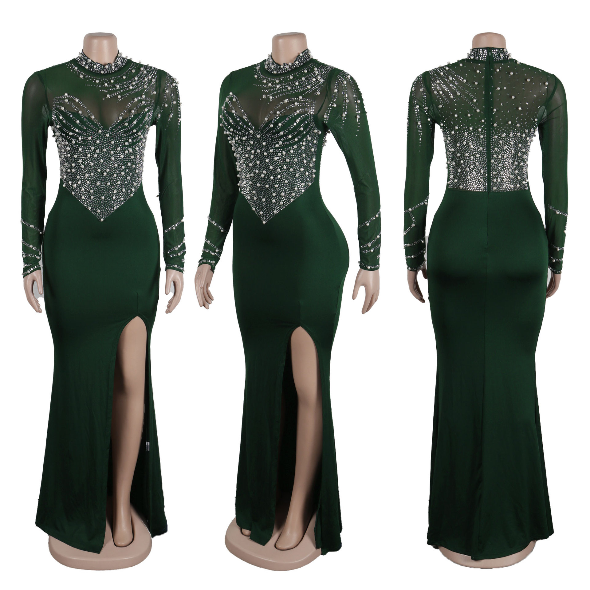 CM.YAYA Women Long Sleeve Diamonds Hot Rhinestones High Side Split Mermaid Midi Maxi Dress 2024 Even Sexy Party Dresses Vestidos
