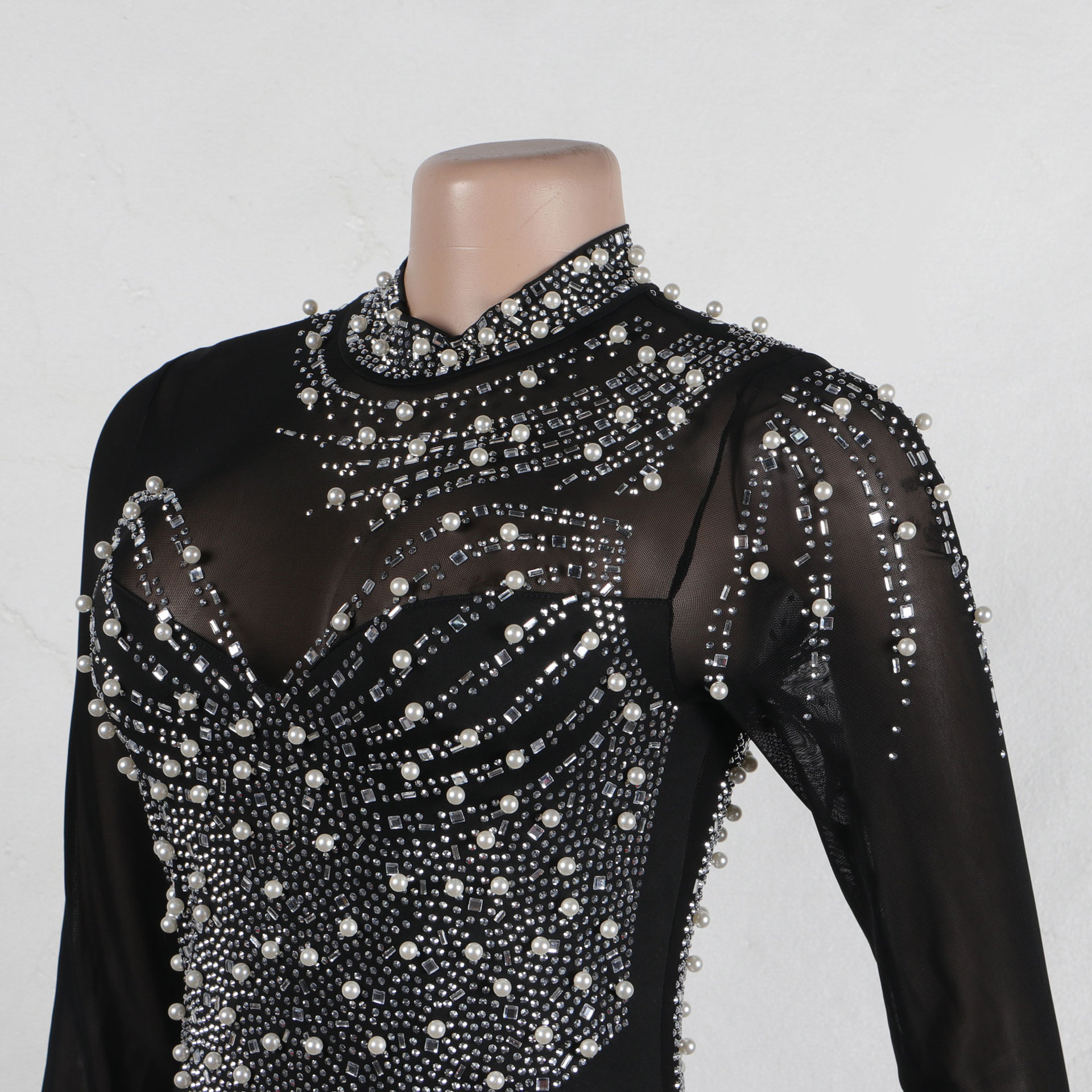 CM.YAYA Women Long Sleeve Diamonds Hot Rhinestones High Side Split Mermaid Midi Maxi Dress 2024 Even Sexy Party Dresses Vestidos