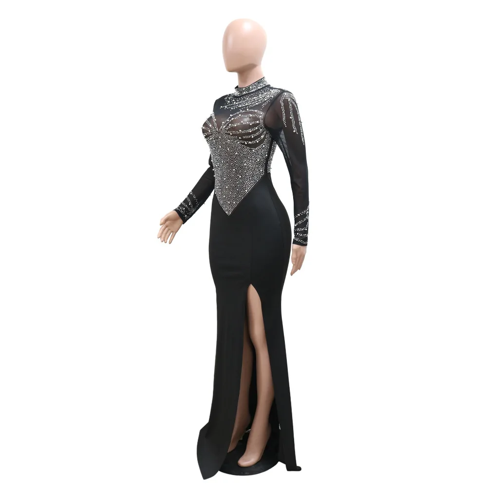 CM.YAYA Women Long Sleeve Diamonds Hot Rhinestones High Side Split Mermaid Midi Maxi Dress 2024 Even Sexy Party Dresses Vestidos