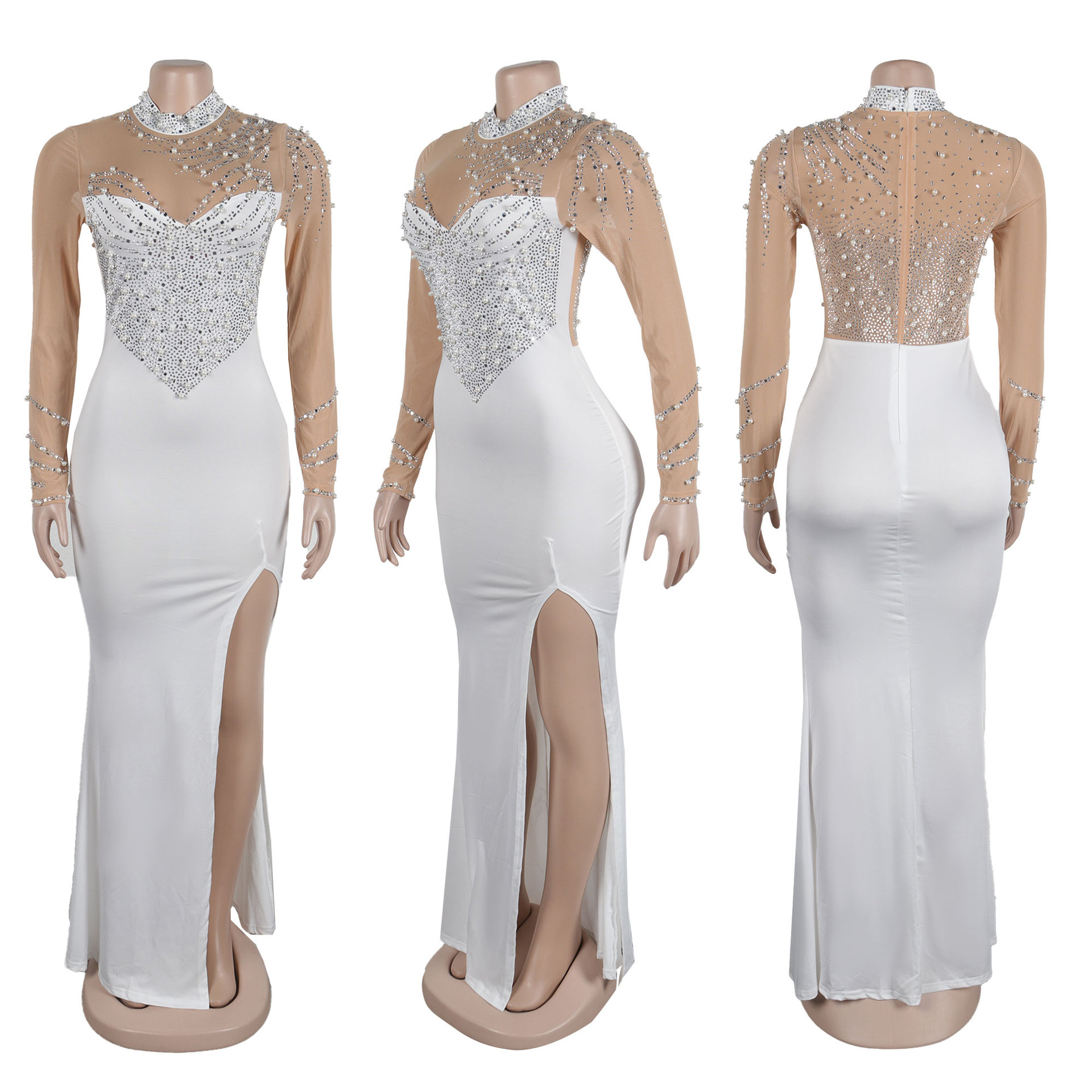 CM.YAYA Women Long Sleeve Diamonds Hot Rhinestones High Side Split Mermaid Midi Maxi Dress 2024 Even Sexy Party Dresses Vestidos