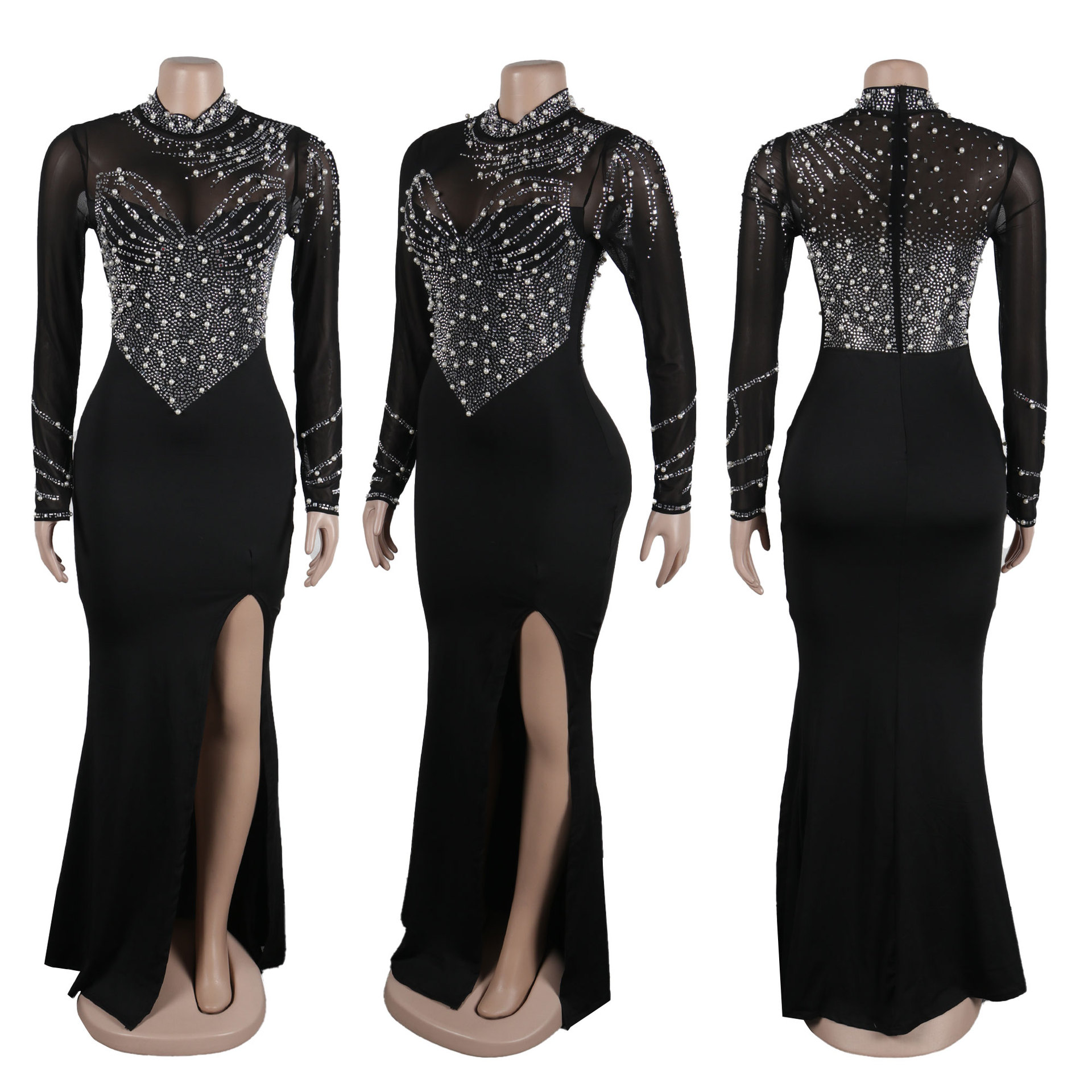 CM.YAYA Women Long Sleeve Diamonds Hot Rhinestones High Side Split Mermaid Midi Maxi Dress 2024 Even Sexy Party Dresses Vestidos