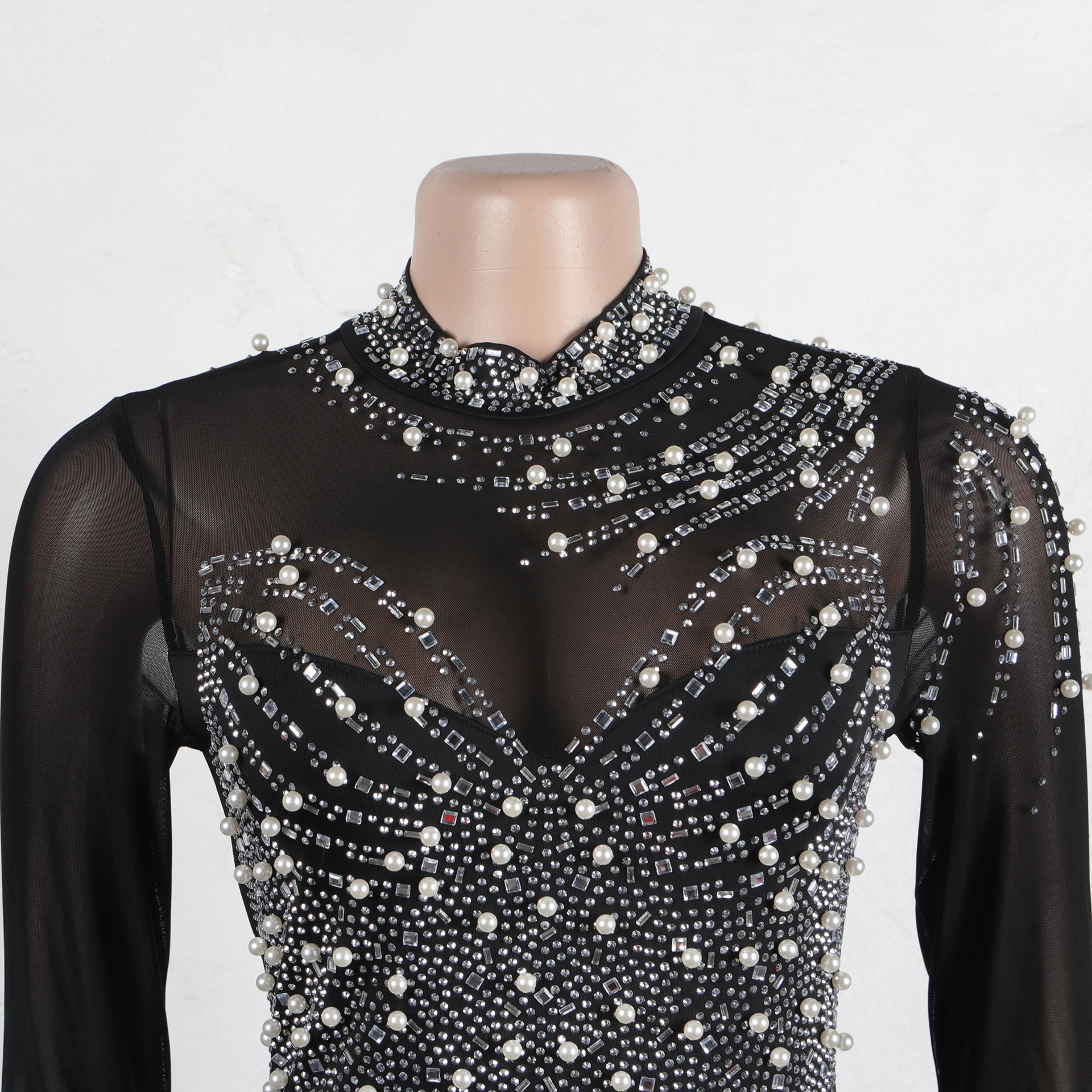 CM.YAYA Women Long Sleeve Diamonds Hot Rhinestones High Side Split Mermaid Midi Maxi Dress 2024 Even Sexy Party Dresses Vestidos