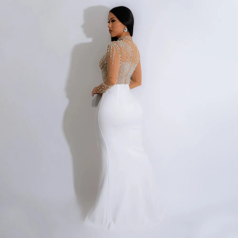 CM.YAYA Women Long Sleeve Diamonds Hot Rhinestones High Side Split Mermaid Midi Maxi Dress 2024 Even Sexy Party Dresses Vestidos