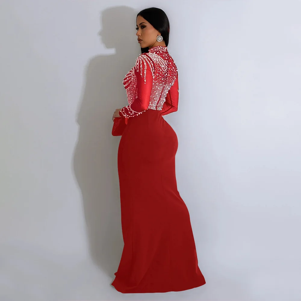 CM.YAYA Women Long Sleeve Diamonds Hot Rhinestones High Side Split Mermaid Midi Maxi Dress 2024 Even Sexy Party Dresses Vestidos