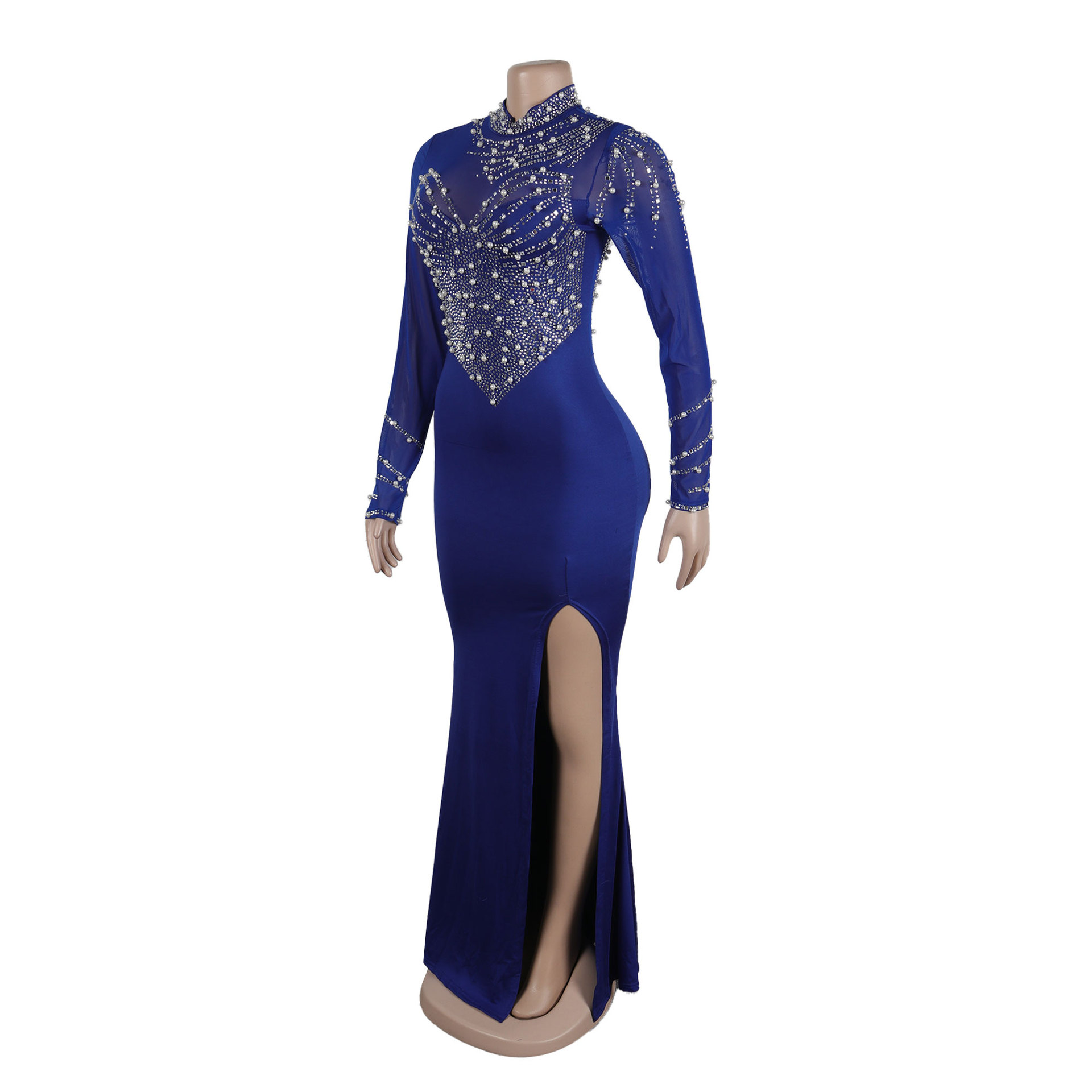 CM.YAYA Women Long Sleeve Diamonds Hot Rhinestones High Side Split Mermaid Midi Maxi Dress 2024 Even Sexy Party Dresses Vestidos