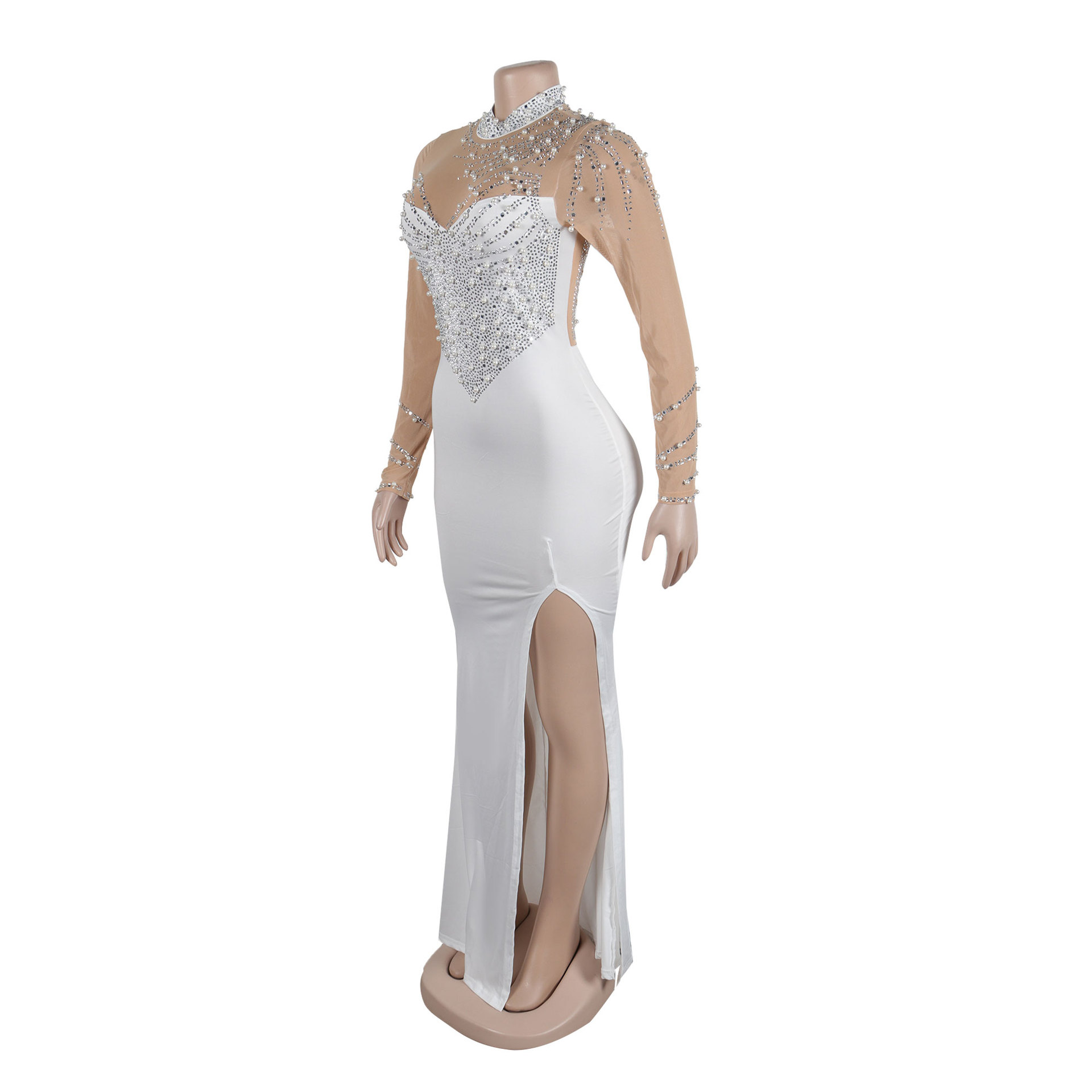 CM.YAYA Women Long Sleeve Diamonds Hot Rhinestones High Side Split Mermaid Midi Maxi Dress 2024 Even Sexy Party Dresses Vestidos