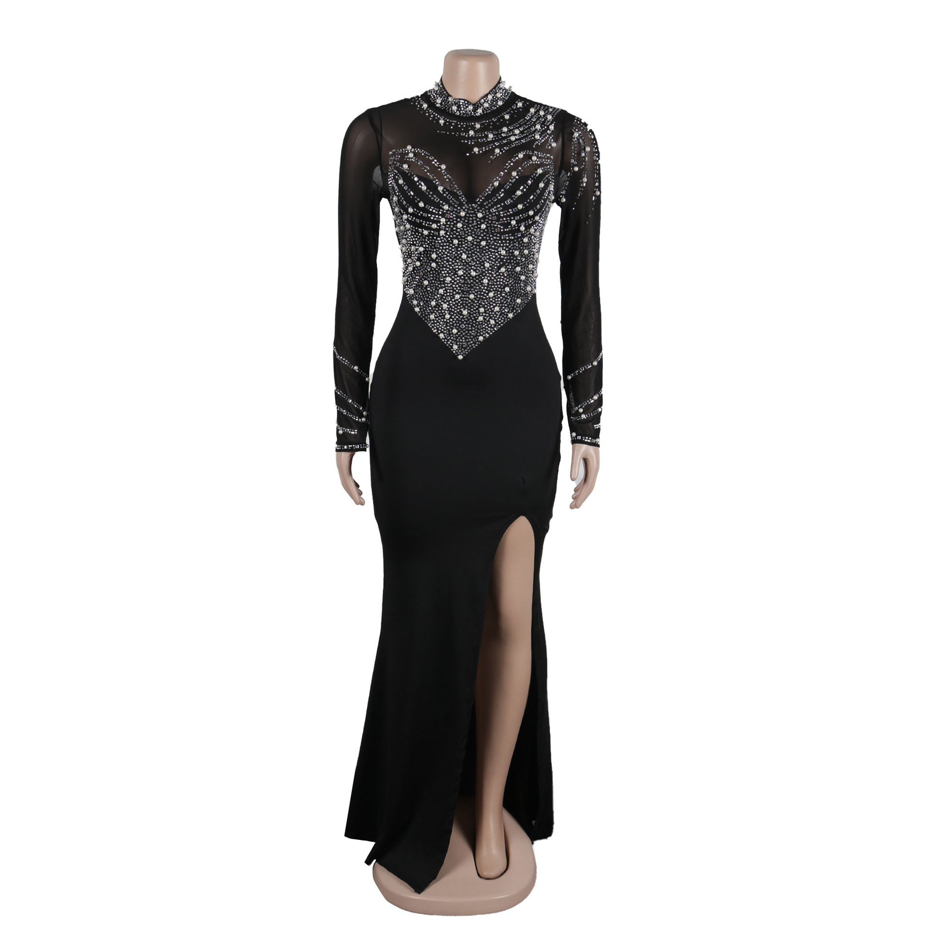 CM.YAYA Women Long Sleeve Diamonds Hot Rhinestones High Side Split Mermaid Midi Maxi Dress 2024 Even Sexy Party Dresses Vestidos