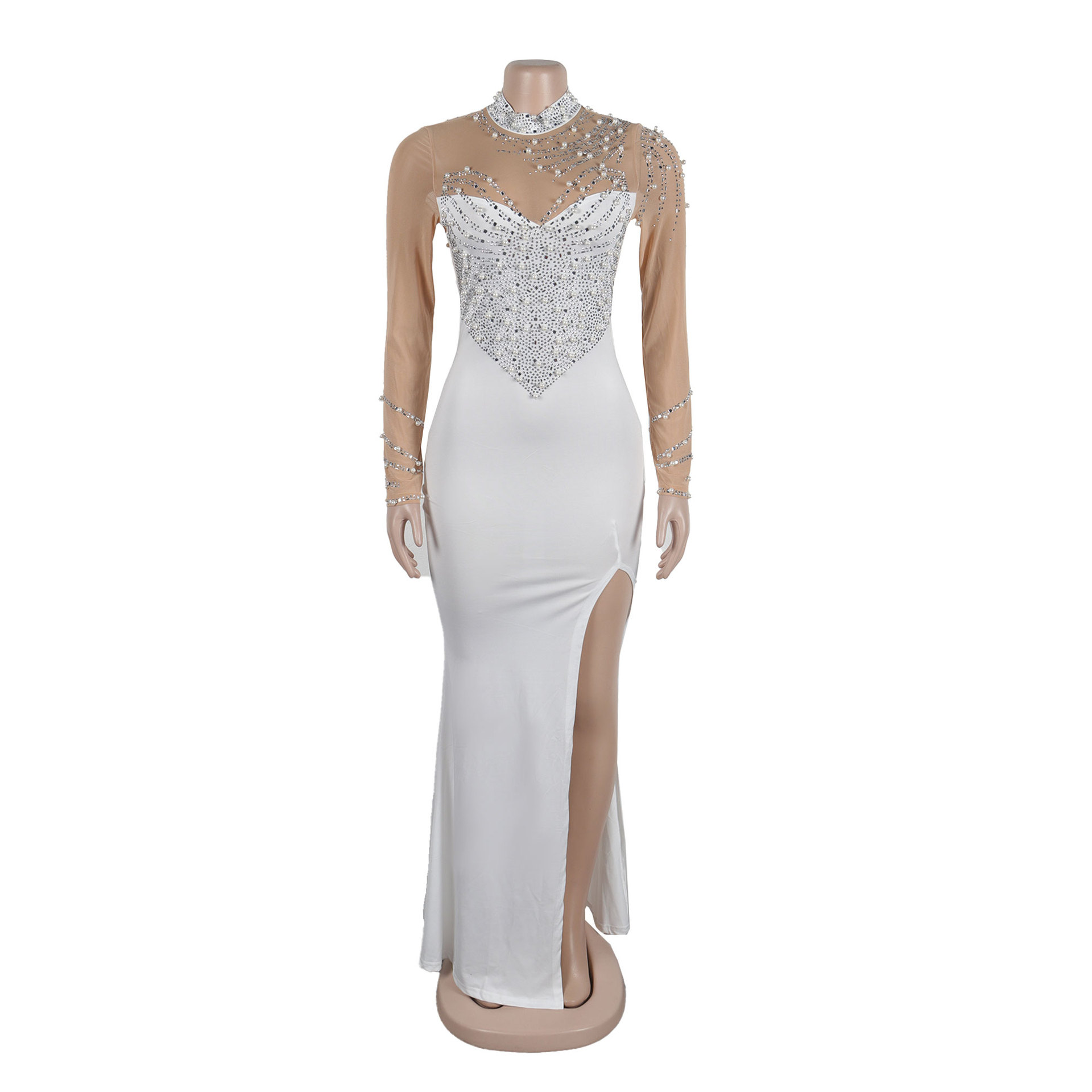 CM.YAYA Women Long Sleeve Diamonds Hot Rhinestones High Side Split Mermaid Midi Maxi Dress 2024 Even Sexy Party Dresses Vestidos